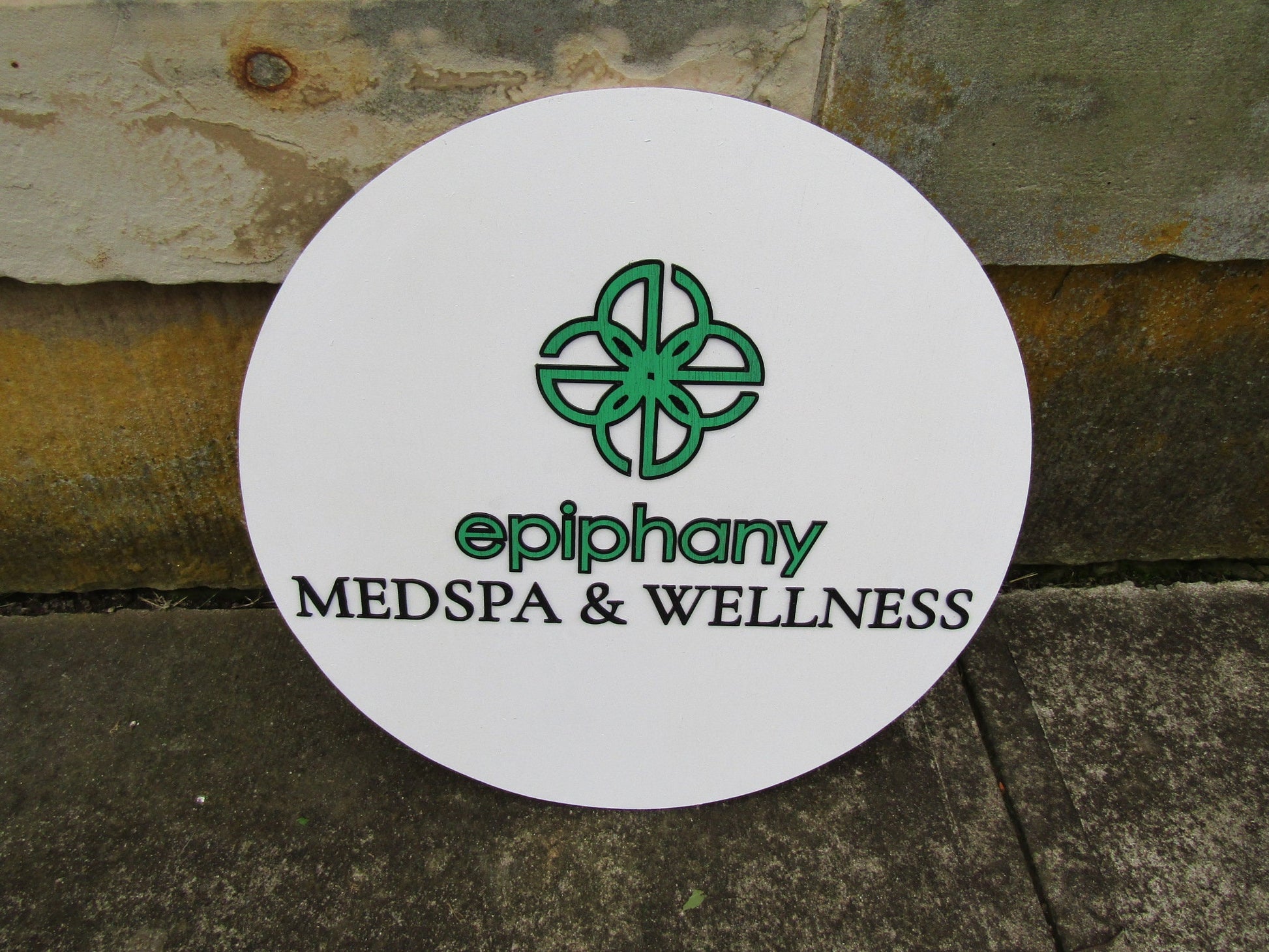 Epiphany Custom Round Business Commerical Signage MedSpa And Wellness Made to Order Store Front Small Shop Logo Circle Wooden Handmade