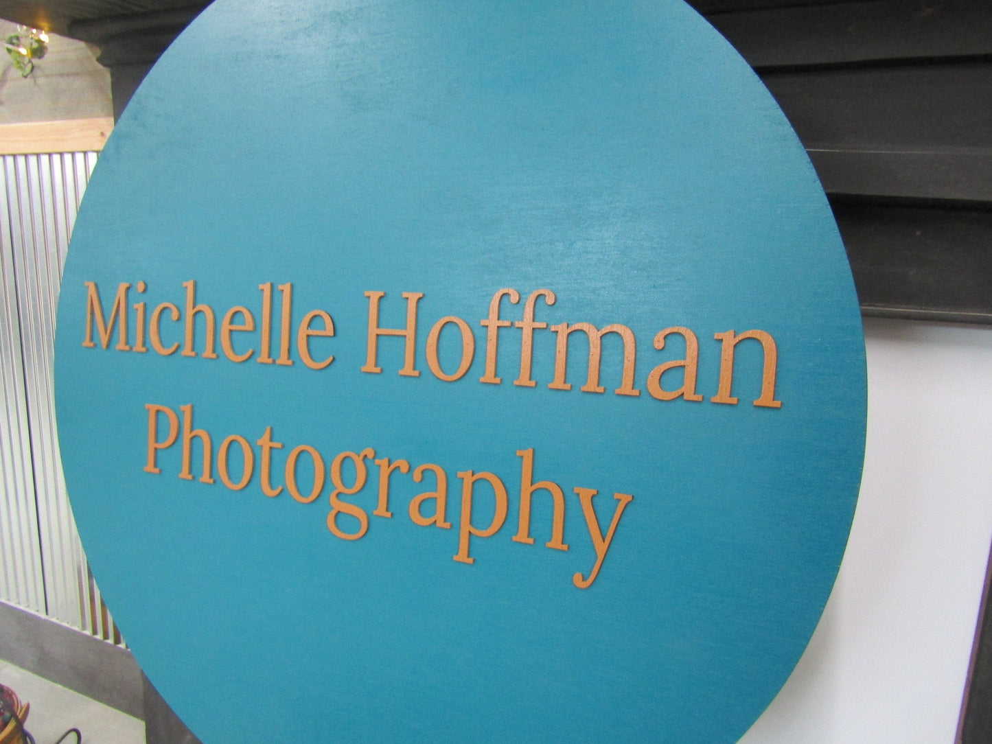 Round Photography Commerical Signage Business Circle Sign Raised Text Blue Gold Photographer Photography 3D Wooden Laser Cut Words Handmade