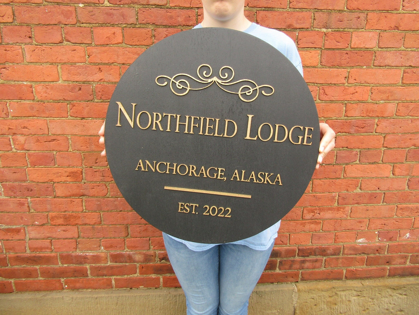 Round Lodge Sign Established Ship to Alaska Black Gold Victorian Scroll Custom Handmade Wooden Sign Raised Text 3D Vacation Outdoor Indoor