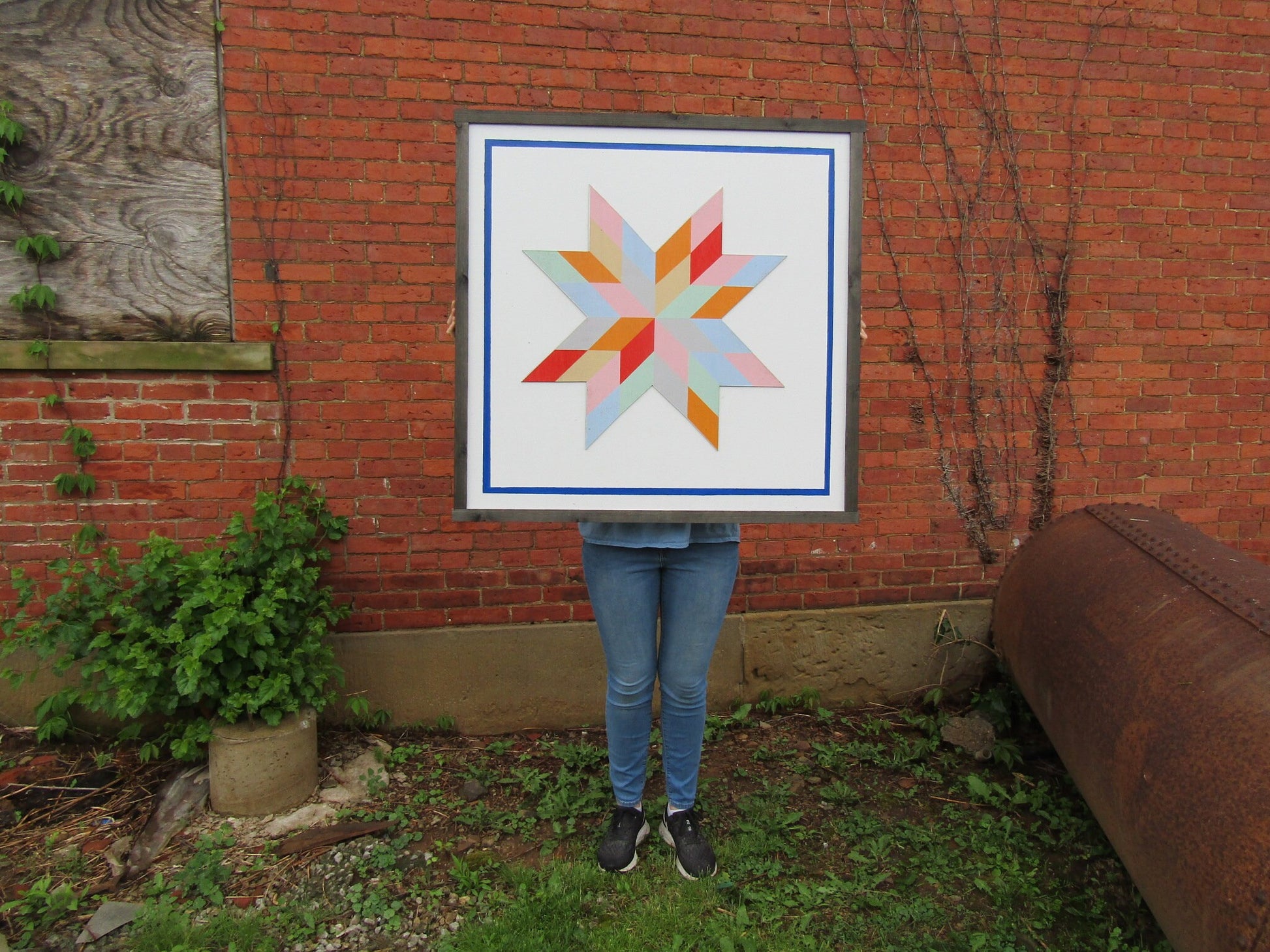 Oversized Square Barn Quilt Image Printed On Wood Color Pastel Geometrical Farmhouse Country Style Handmade Decor Star Outdoor Primitive
