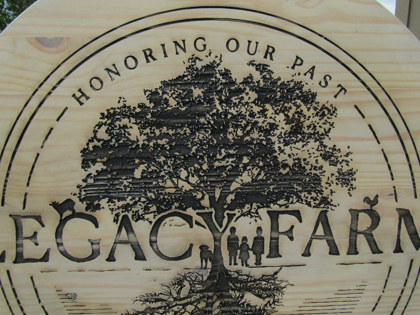 Custom Legacy Farm Carved Engraved Routed Color Filled Business Commerical Signage Your Logo Handmade Tree Oversized Pine Wood Round Sign