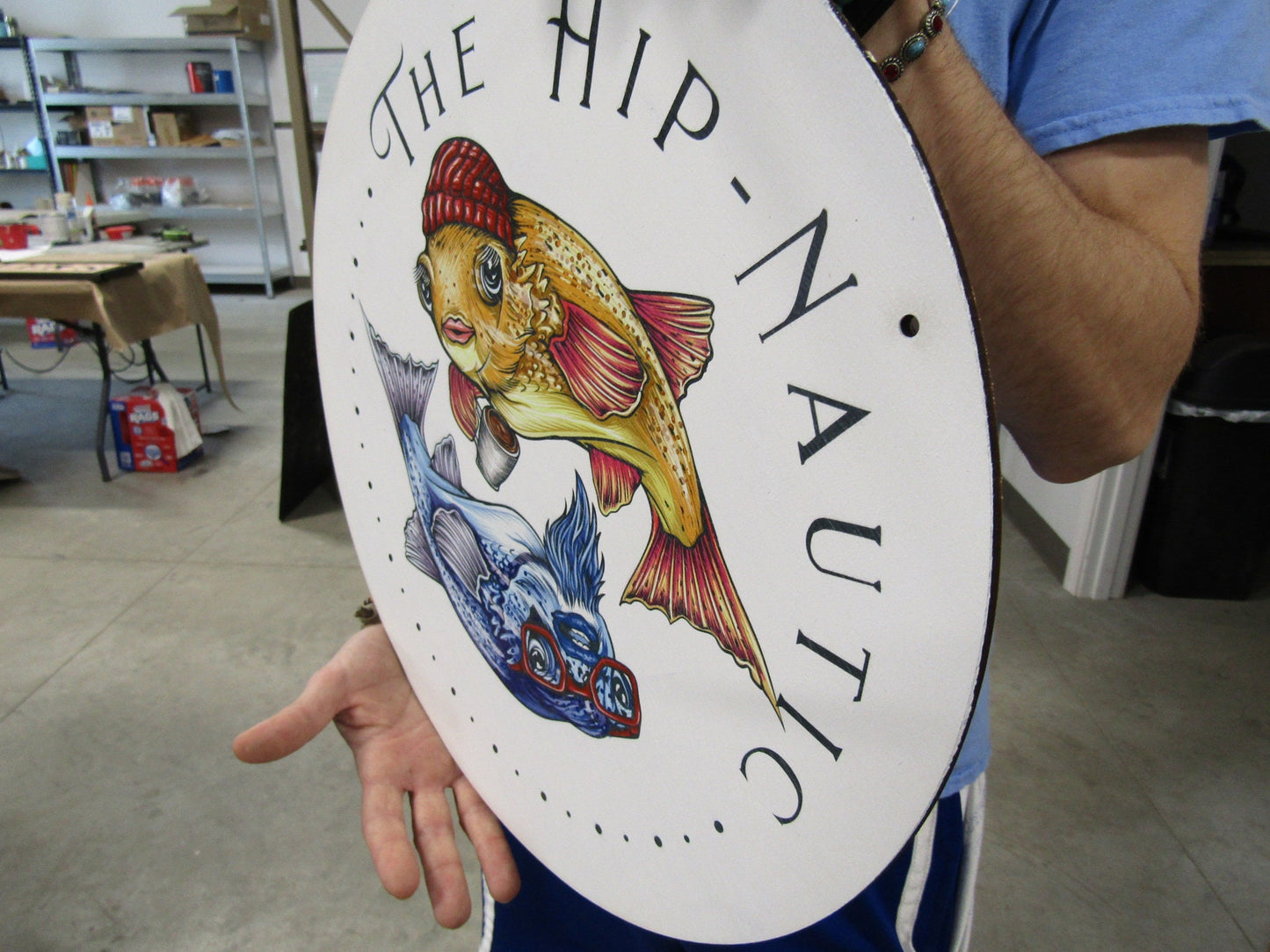The Hip Nautic Goldfish Color Printed On Wood Logo Customized Personalized Nautical Professional Commerical Signage Lightweight Wood Sign