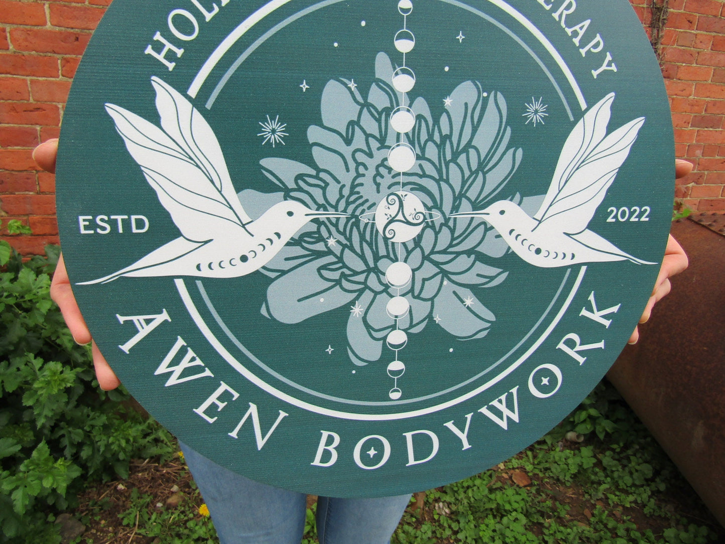 Massage Therapy Sign Bodywork Art Lotus Birds Your Logo Business Sign Commerical signage Printed On Wood Lightweight Hanging Office Sign