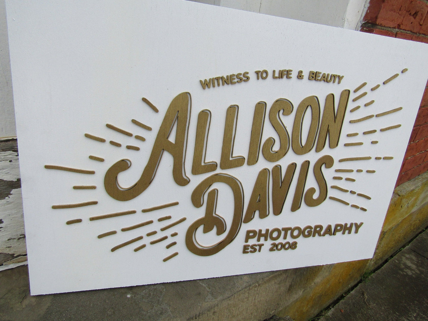 Custom Photography Sign Witness to Life & Beauty Logo Image Raised Letters 3D Gold and White Handmade Wooden Business Signage Wood