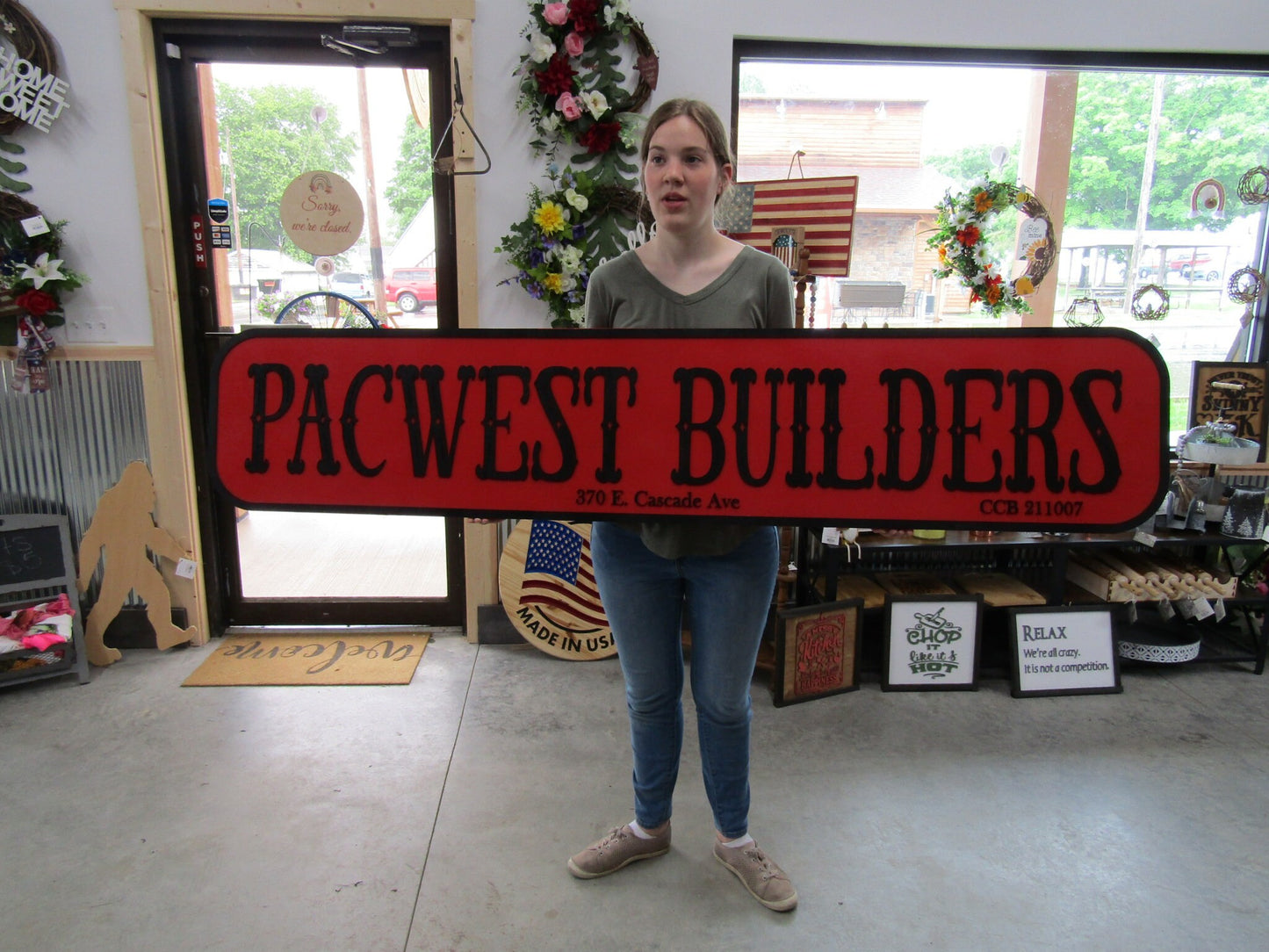 Custom Builders Sign Distressed Rustic Red and Black Personalized Business Company Name Store Front Wooden Handmade Commerical Signage