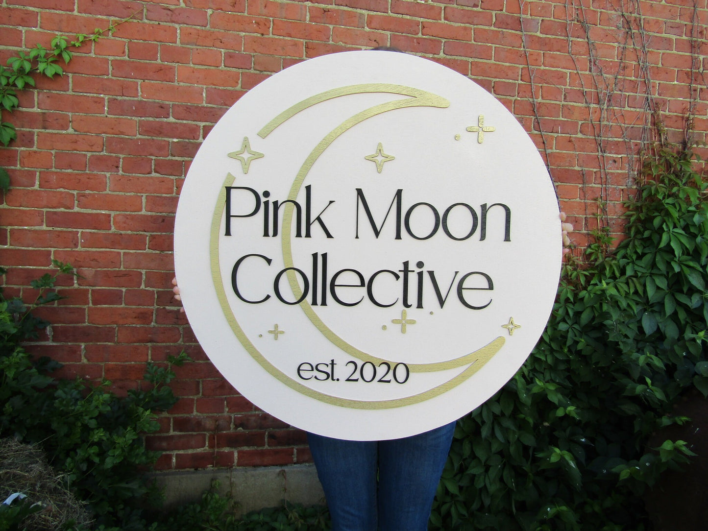 Custom Sign Round Business Commerical Signage Minimalist Made to Order Pink Moon Store Front Small Shop Logo Moon Circle Wooden Handmade