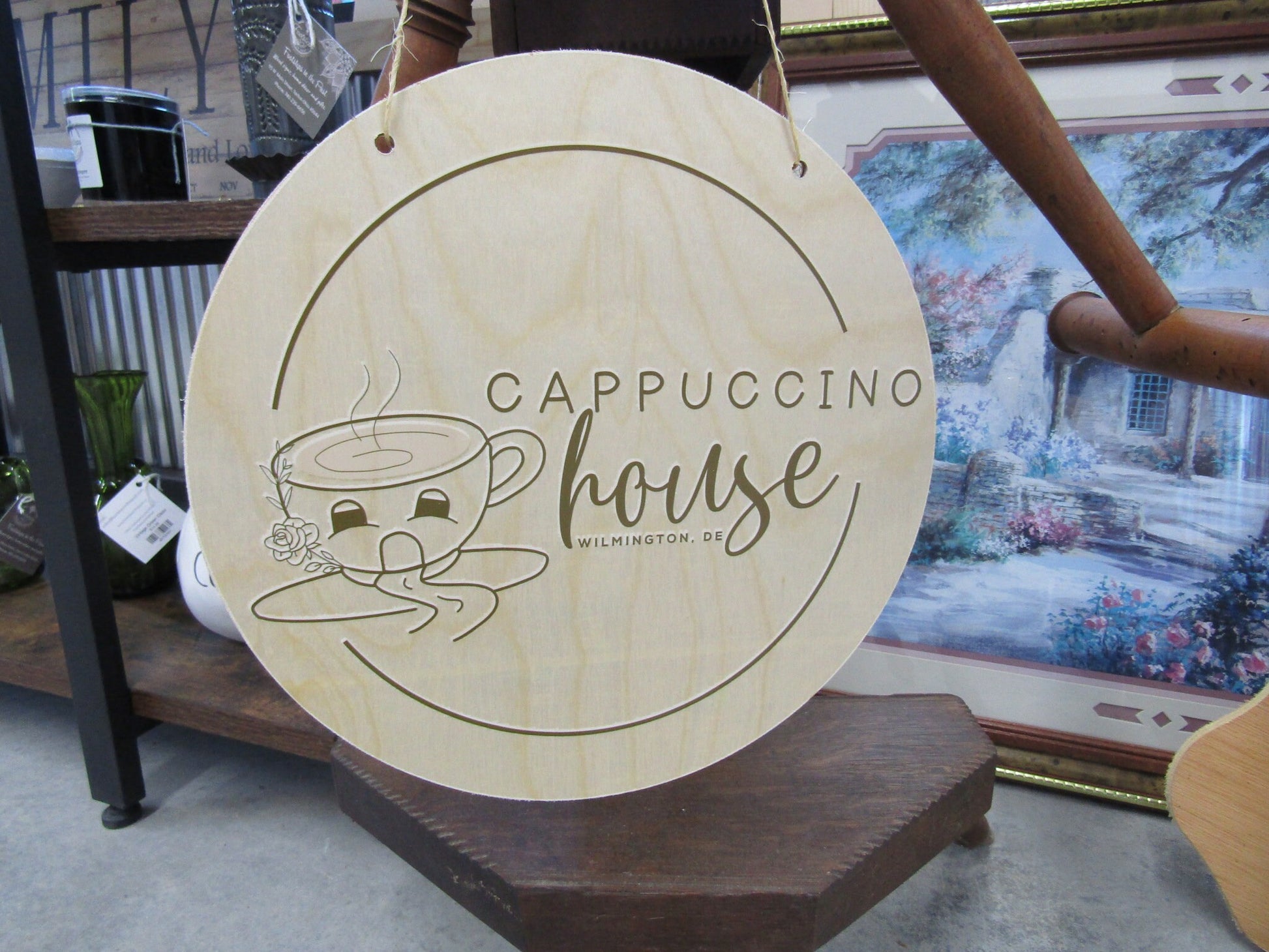 Cappuccino House Coffee Shop Cute Custom Round Lightweight Business Small Shop Printed On Wood Your Logo Circle Booth Vendor Table Wall Sign
