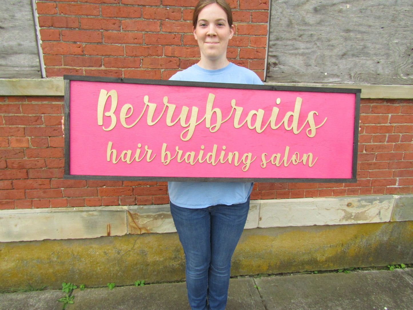 Custom Berry Braids Hair Salon Signage Commerical Business Sign Bright Pink Gold Handmade Wooden Large Entrance Sign Building Outdoor Walkin