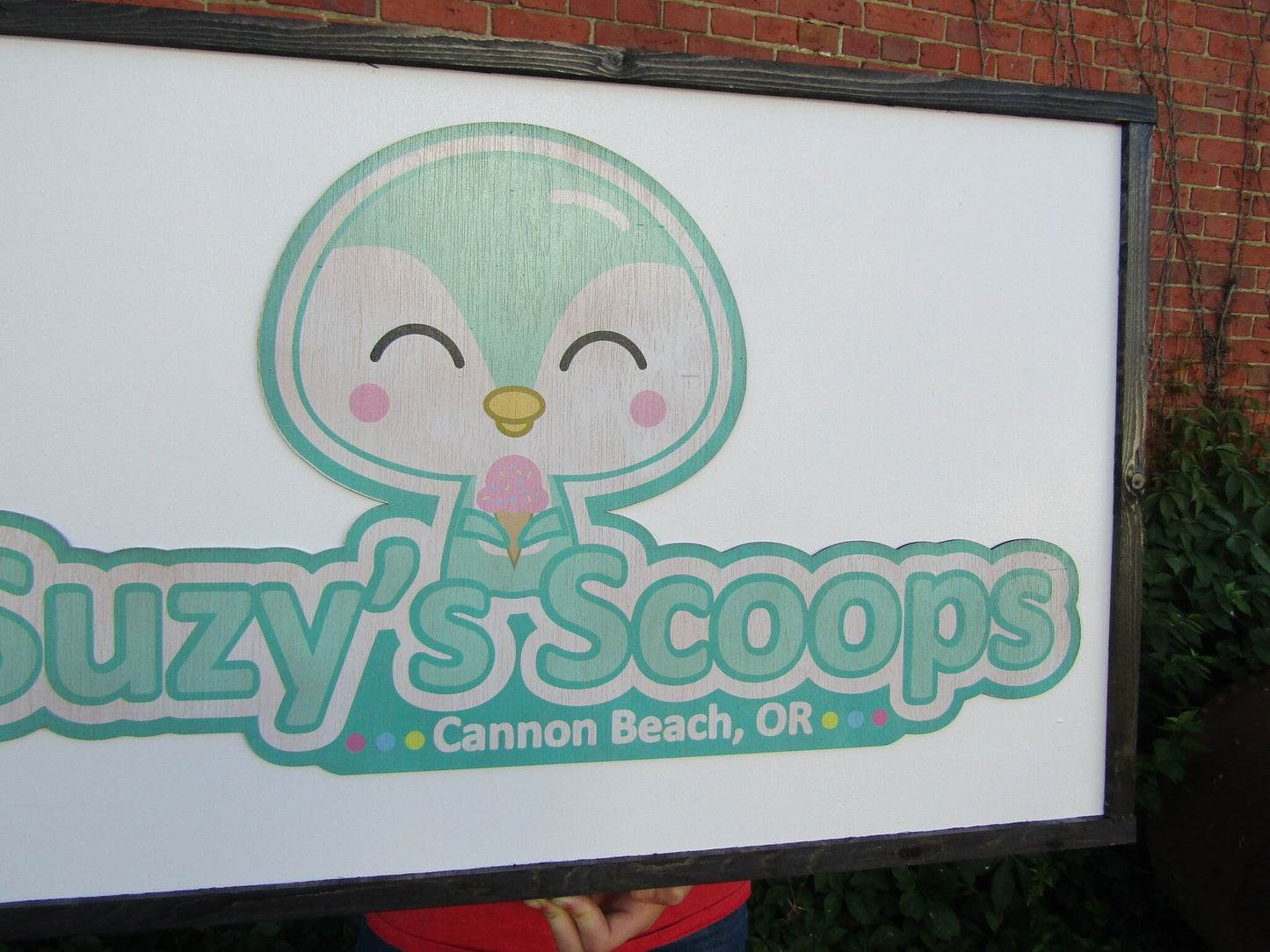 Cute Outdoor Ice Cream Scoops Shop Teal Mint Color Penguin Printed Hanging Sign Logo Image Custom Personalized Handmade Made To Order Wooden