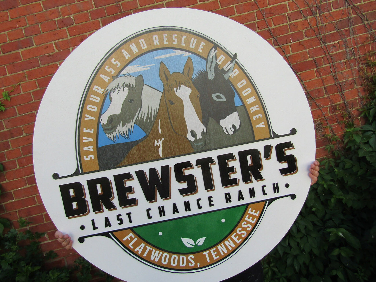 Horses Brewster's Donkey Ranch Printed in Color Raised Wooden Sign Farm Custom Logo Rescue Stalls Farm Round Commerical Signage Handmade