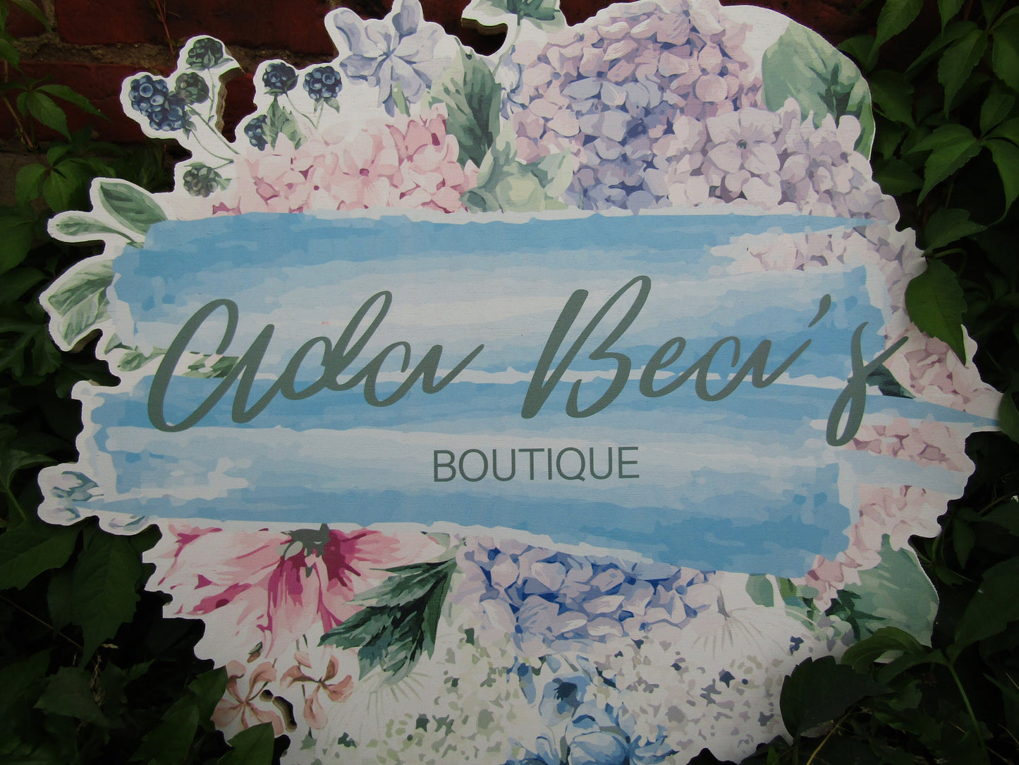 Printed Flower Watercolor Boutique Wooden Sign Commercial Signage Hydrangea Pretty Color Round Custom Personalized Business Front Sign
