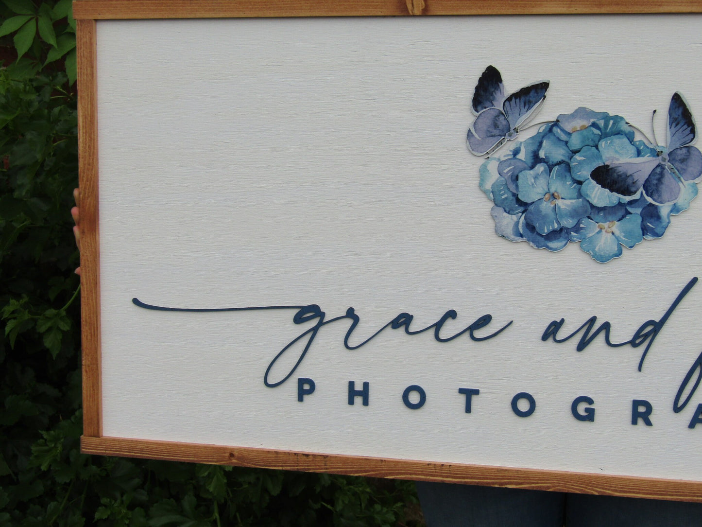 Custom Logo Photography Business Image Printed Raised Lettering Grace and Faith Butterflies Beauty Wooden Handmade Decor Photographer Sign