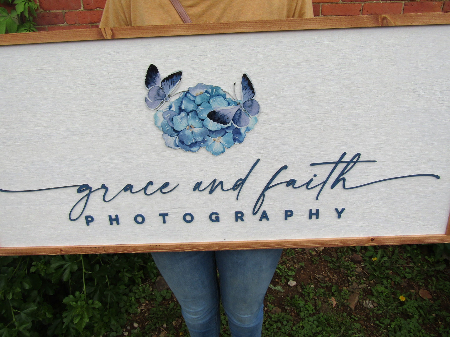 Custom Logo Photography Business Image Printed Raised Lettering Grace and Faith Butterflies Beauty Wooden Handmade Decor Photographer Sign