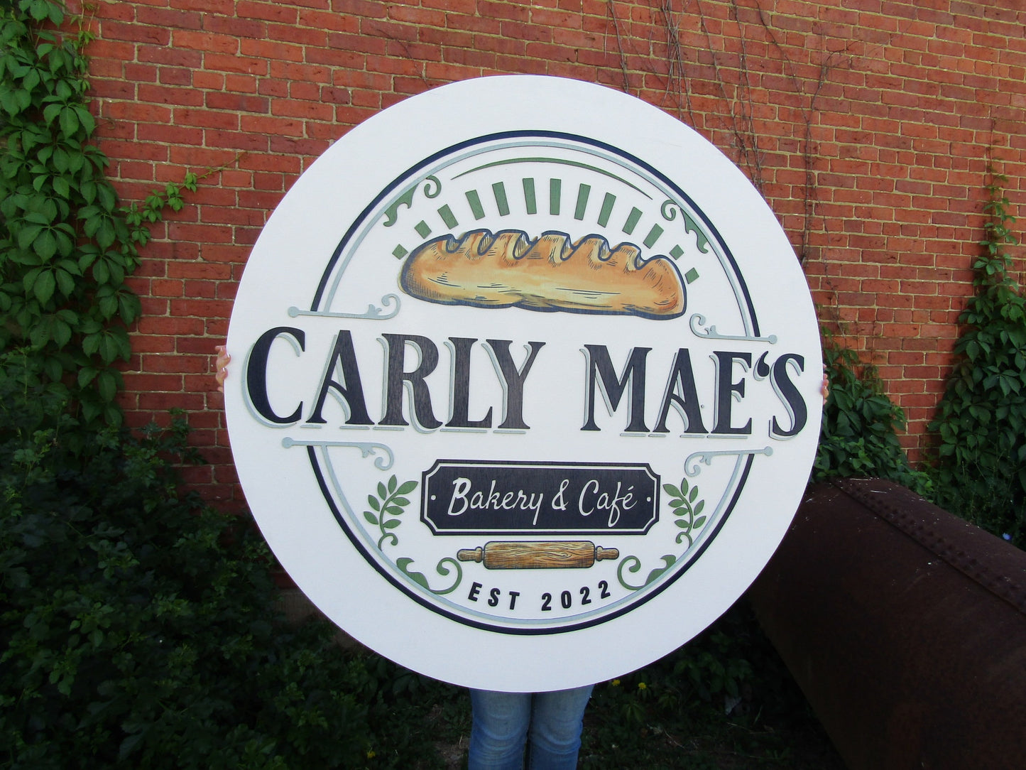 Custom Bakery & Cafe Sign Round Sign Your Logo 3D Cut letters Images Rolling Pin Kitchen Bread Dough Eatery Store Front Large Size Wood Sign