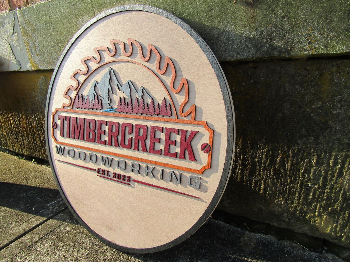 Carpenter Woodworking Mountains Heavy Machinery Timbercreek Outdoors Hiking Mancave Handmade Wood Round Sign Commerical Signage Sawblade