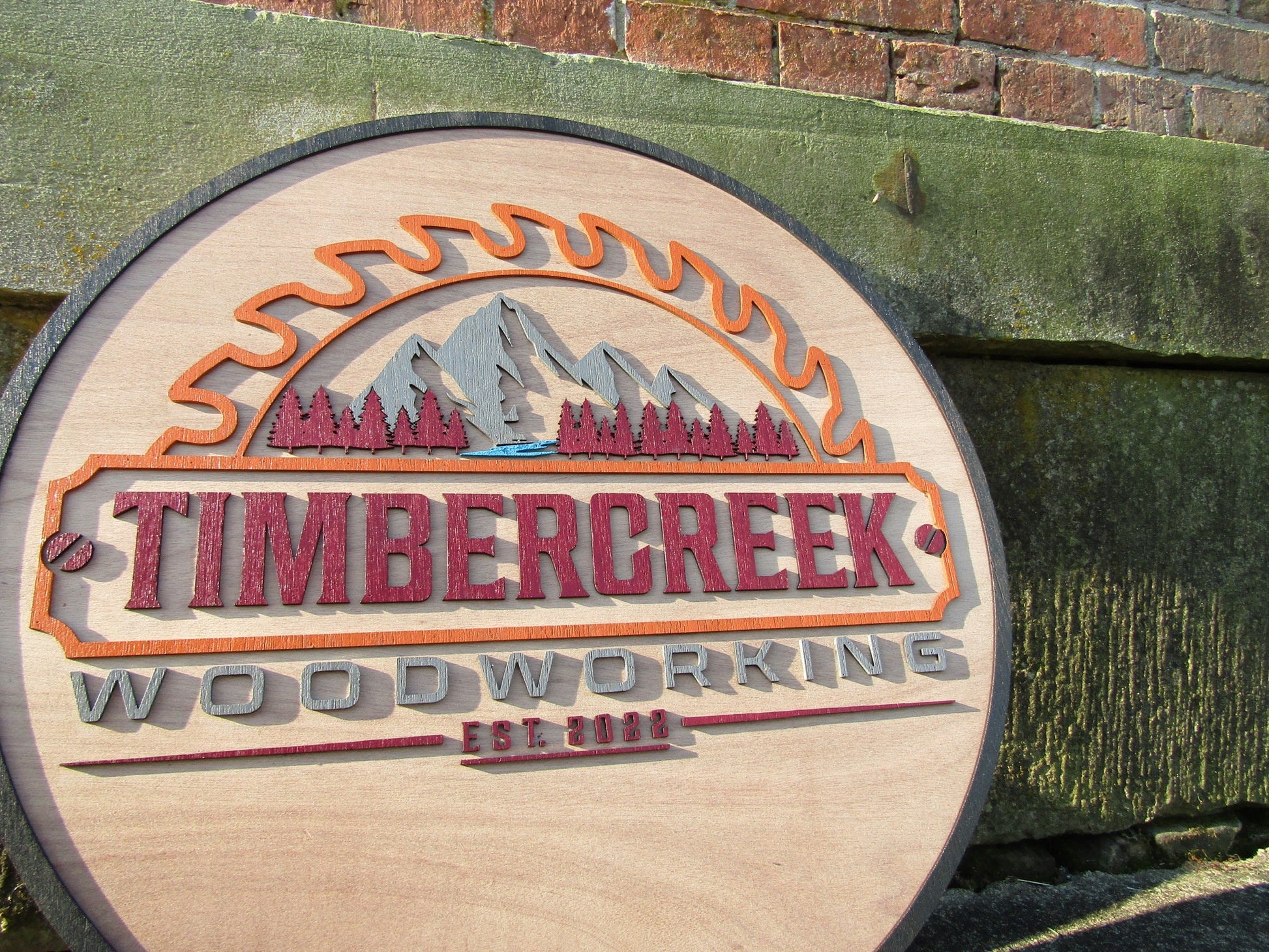 Carpenter Woodworking Mountains Heavy Machinery Timbercreek Outdoors Hiking Mancave Handmade Wood Round Sign Commerical Signage Sawblade