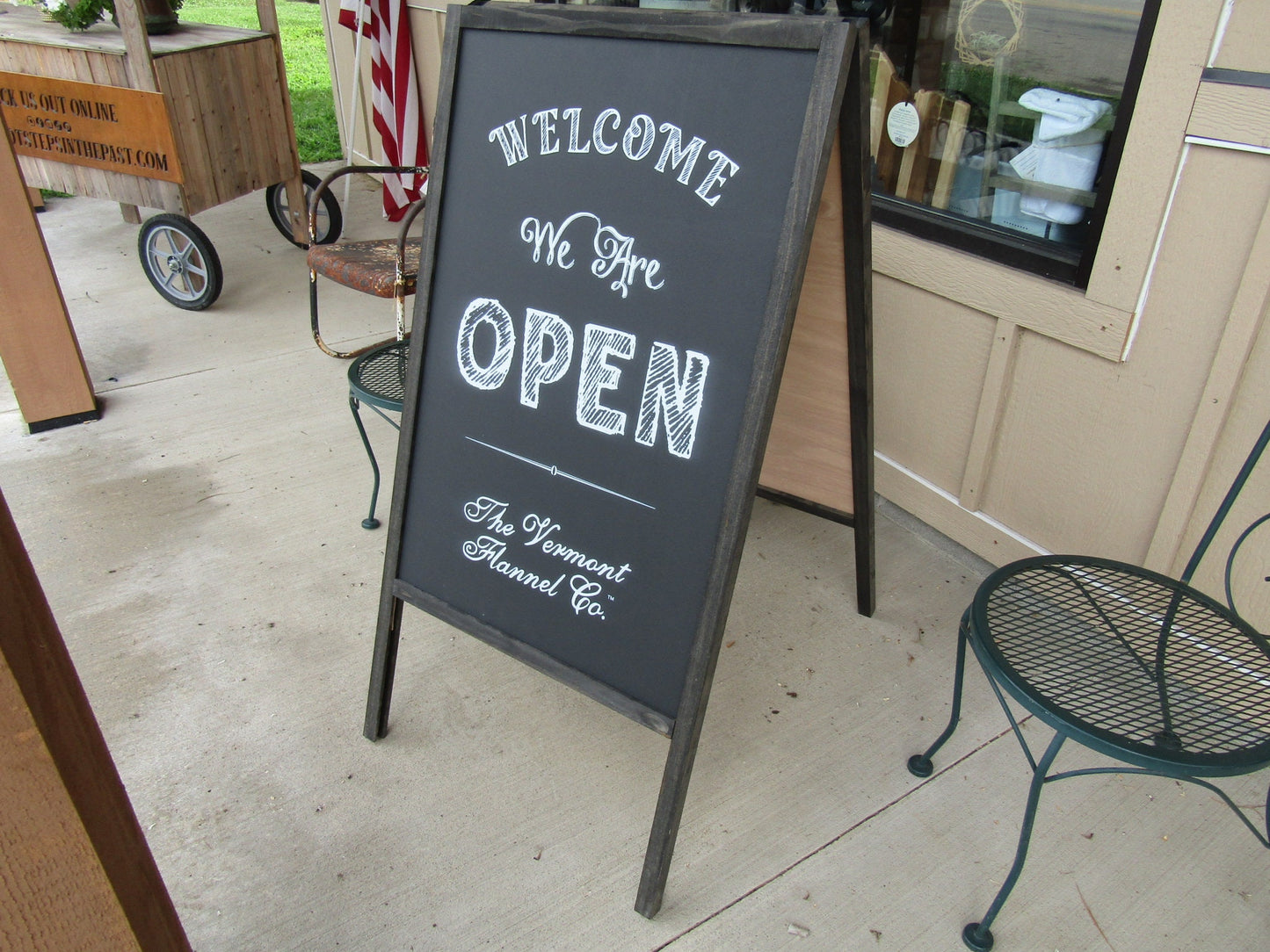 Welcome We Are Open A Frame Freestanding Sign Flannel Company Vermont Small shop Sidewalk Store Front Sign Wooden Sign Chalkboard Style