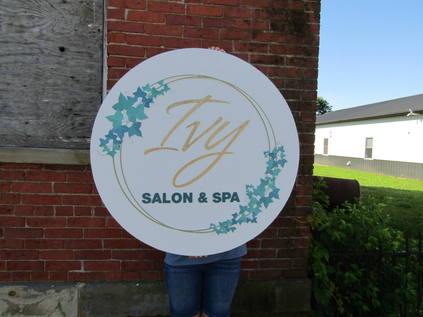 Printed and Raised Pretty Salon and Spa Ivy Gold Your Logo Beauty Commerical Signage Building Front Small Shop Logo Circle Wooden Handmade