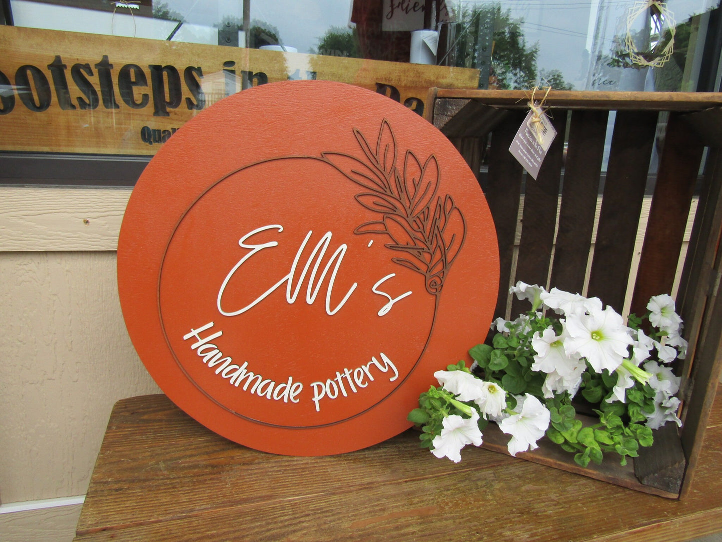 Custom Sign Round Business Handmade Pottery Floral Wreath Minimalist Beauty Commerical Signage Small Shop Logo Circle Wooden Orange Door