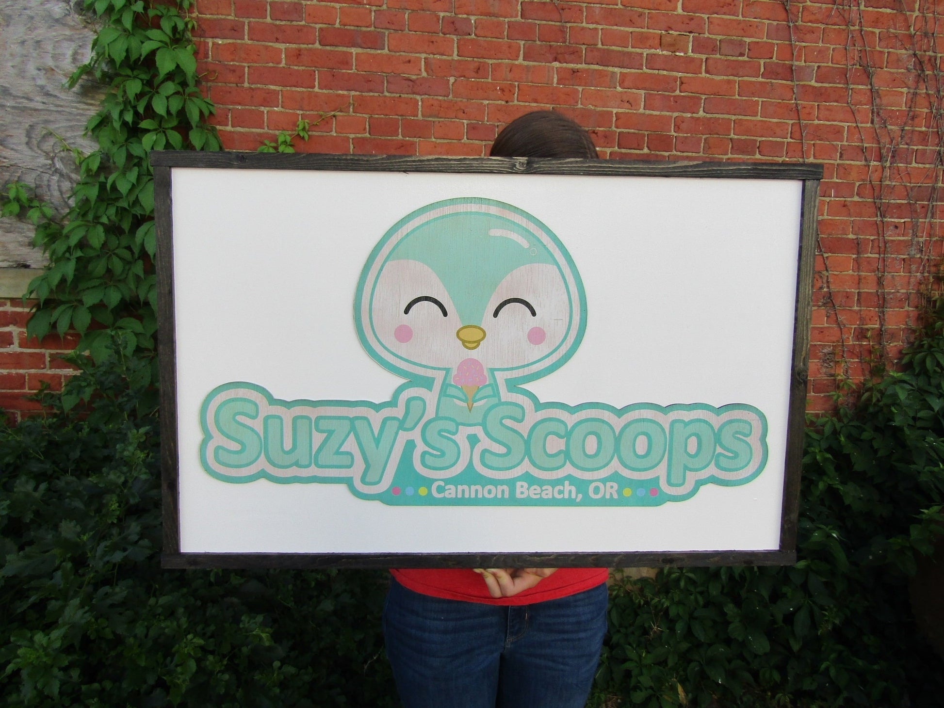 Cute Outdoor Ice Cream Scoops Shop Teal Mint Color Penguin Printed Hanging Sign Logo Image Custom Personalized Handmade Made To Order Wooden