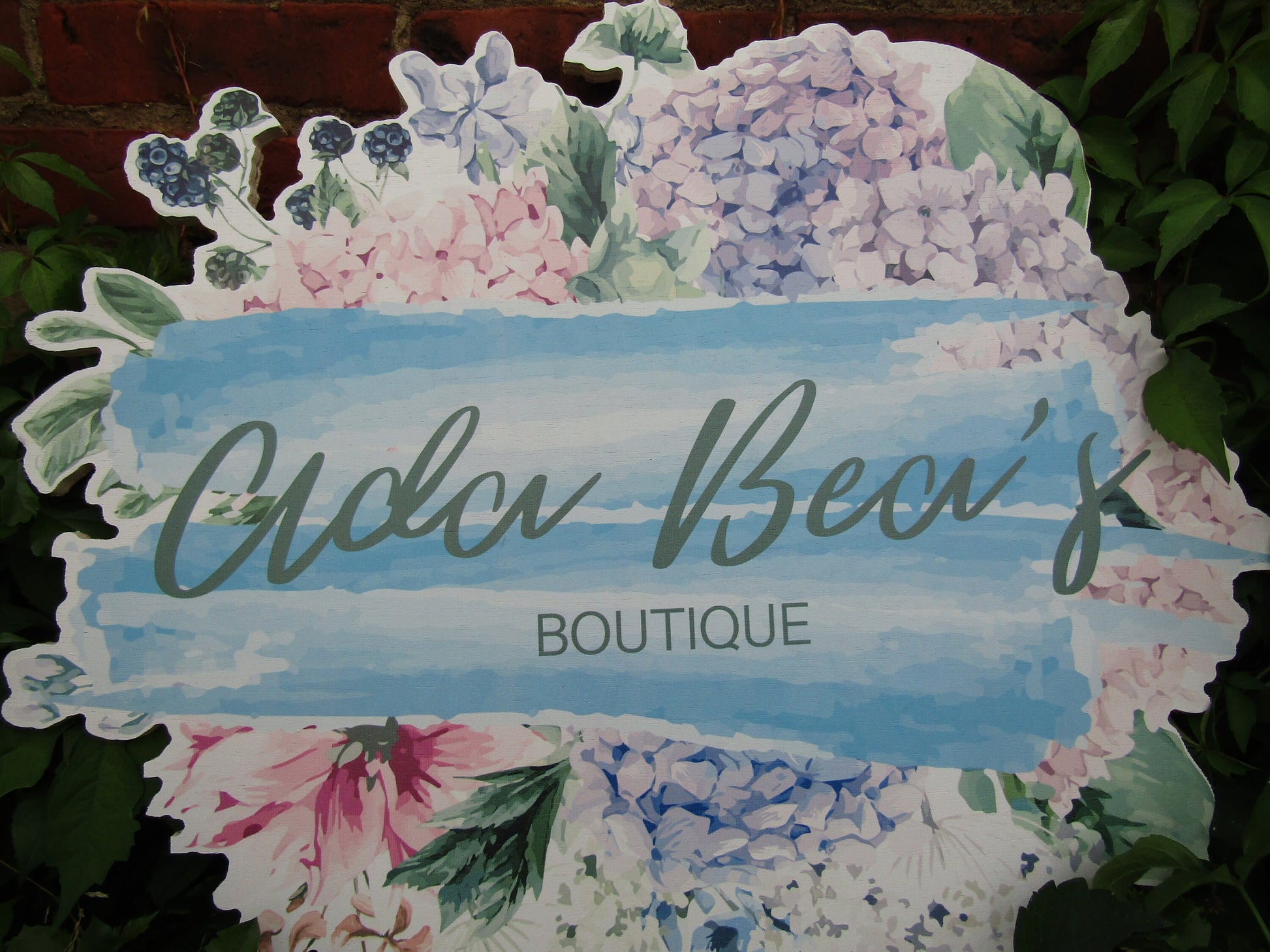 Printed Flower Watercolor Boutique Wooden Sign Commercial Signage Hydrangea Pretty Color Round Custom Personalized Business Front Sign