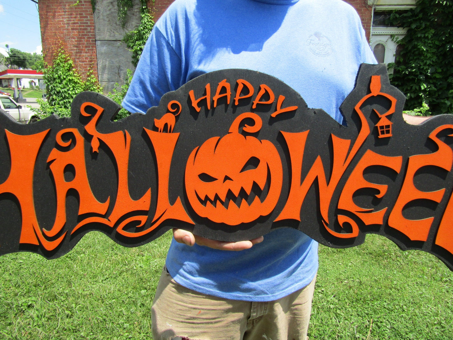 Halloween Jack O Lantern Spooky Forest Black Cat Prop Wooden Decor Fall Autumn Decoration Sign Orange And Black Haunted Grave Yard Theme