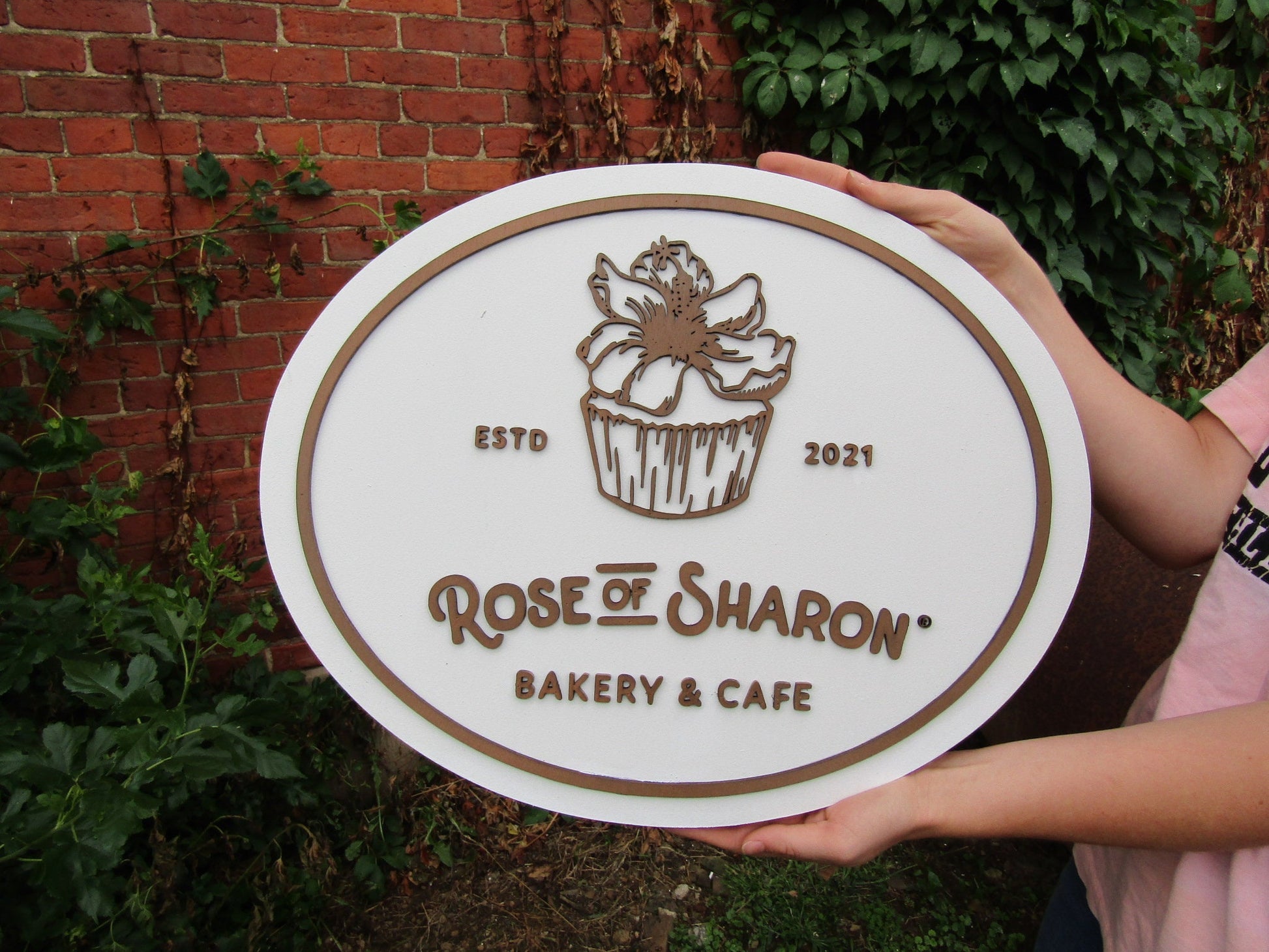 Custom Bakery And Cafe Sign Wooden Handmade Decor Cupcake Baker Rose of Sharon Your Logo Oval Commerical Signage Business Sign Restaurant