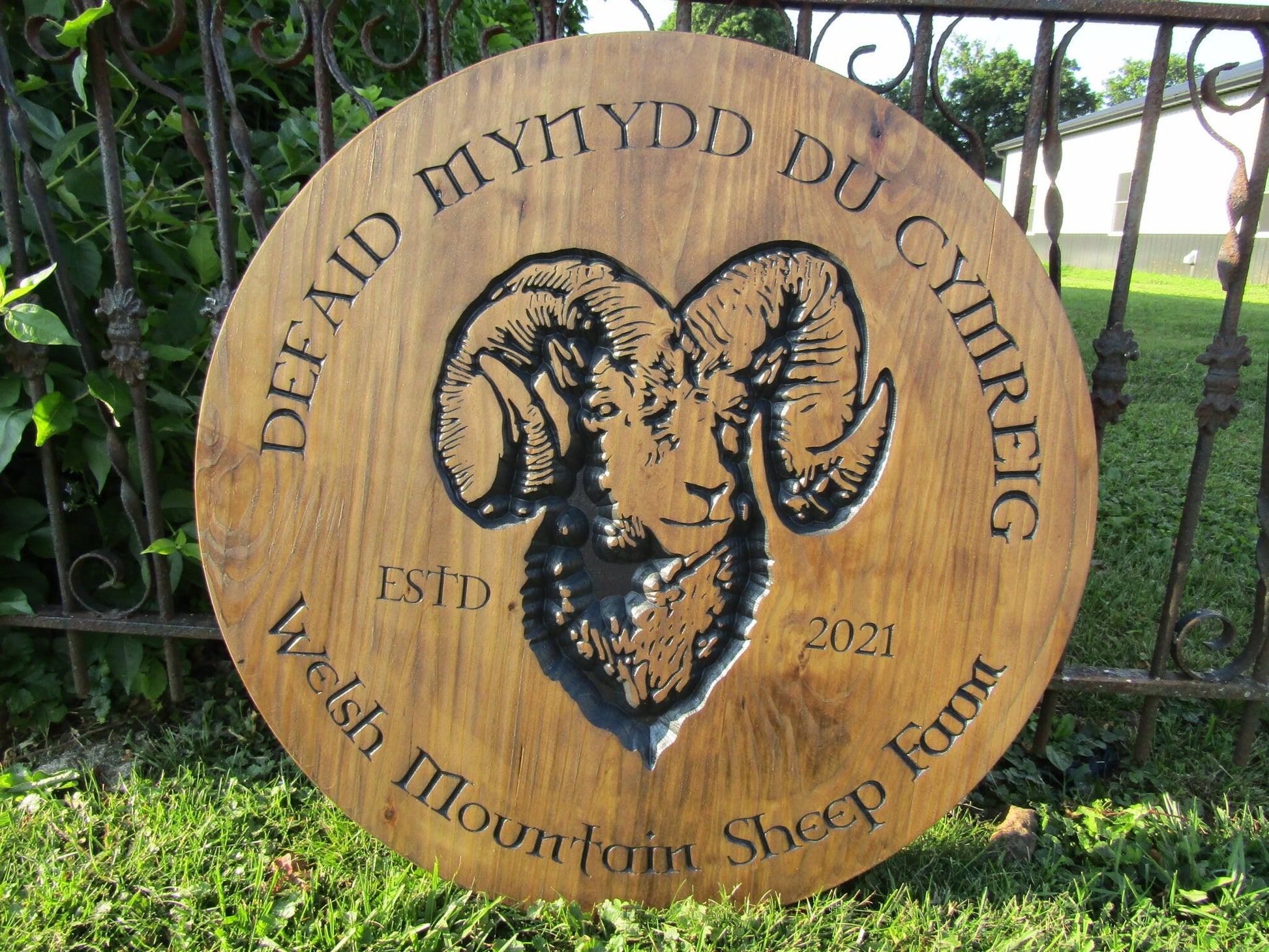 Welsh Sheep Farm Engraved Routed Custom Ram Livestock Round Commerical Signage Homestead Pine Wooden Sign Barn Stained Detailed Your Logo