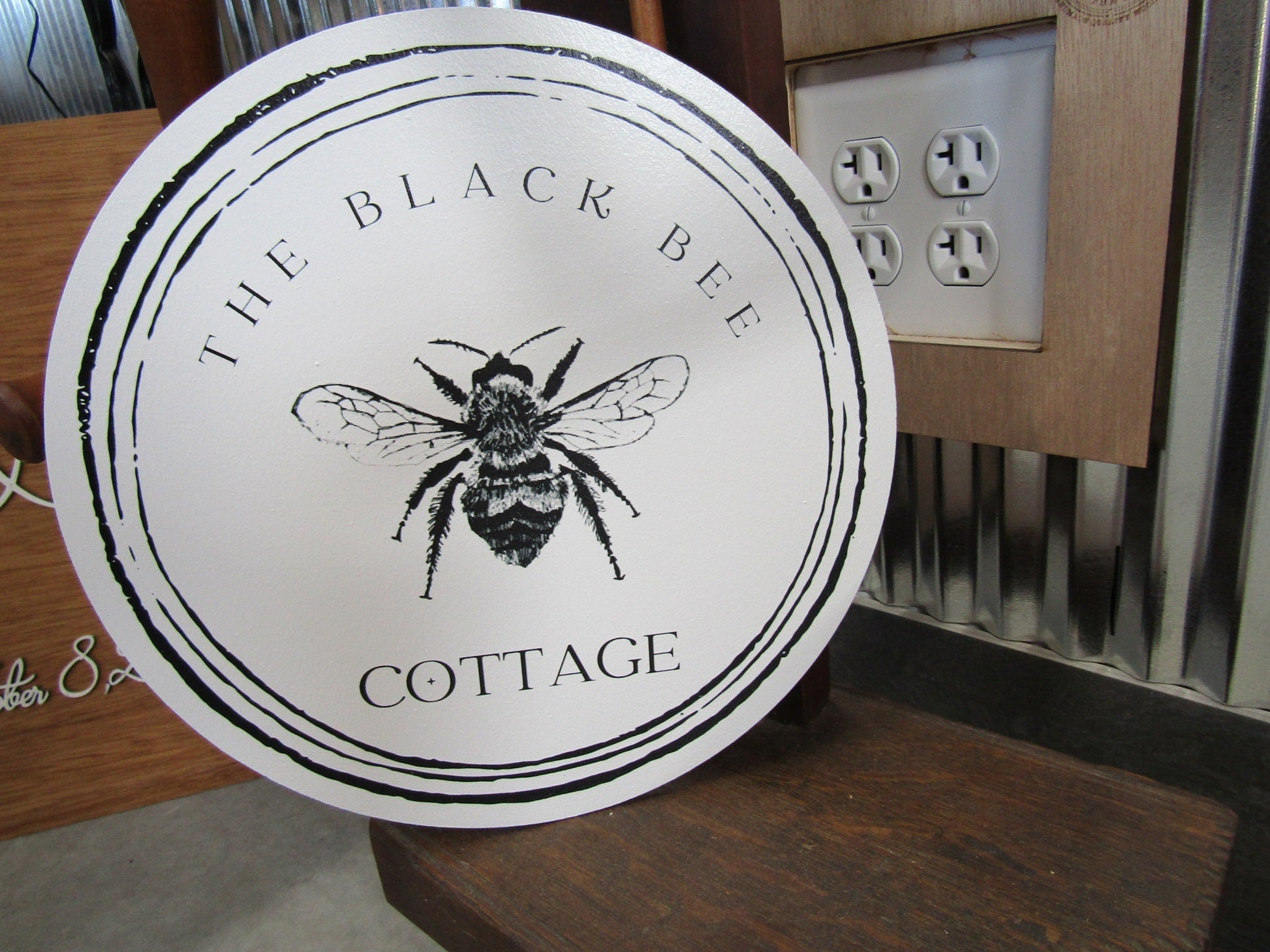 Cottage Bumble Bee Printed on Wood Black and White Decor Vintage Style Minimalist Lite Weight Small Business Sign Boutique Company Wooden