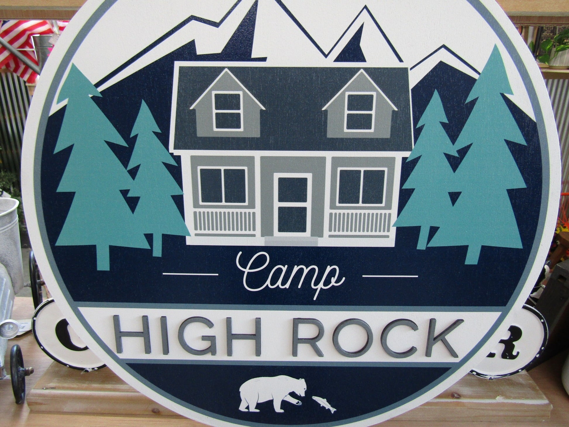 Custom Wooden Sign Commerical Signage Uv printed Logo 3D Letters Color Personalized Round Campground Mountains Cabin Woods Forest Bear Fish