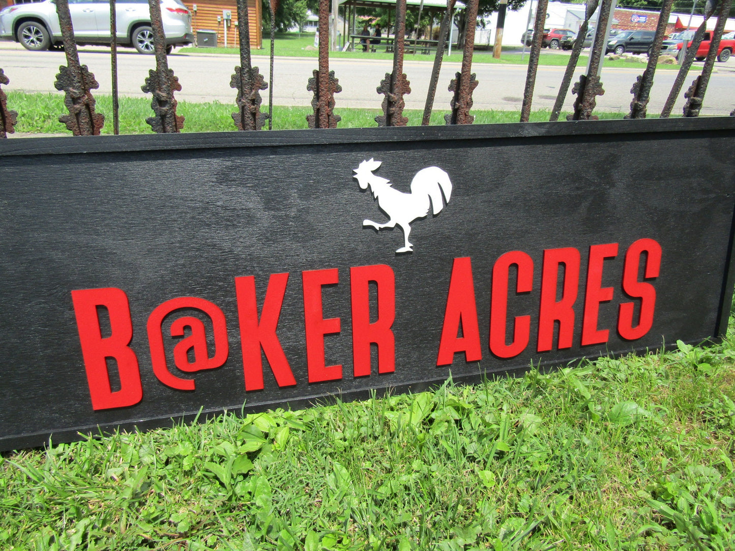 Farm Farmhouse Acres Lastname Commerical Signage Rooster Chicken Coop Garden Center Fresh Black and Red Wooden Handmade Logo Farmhouse Sign