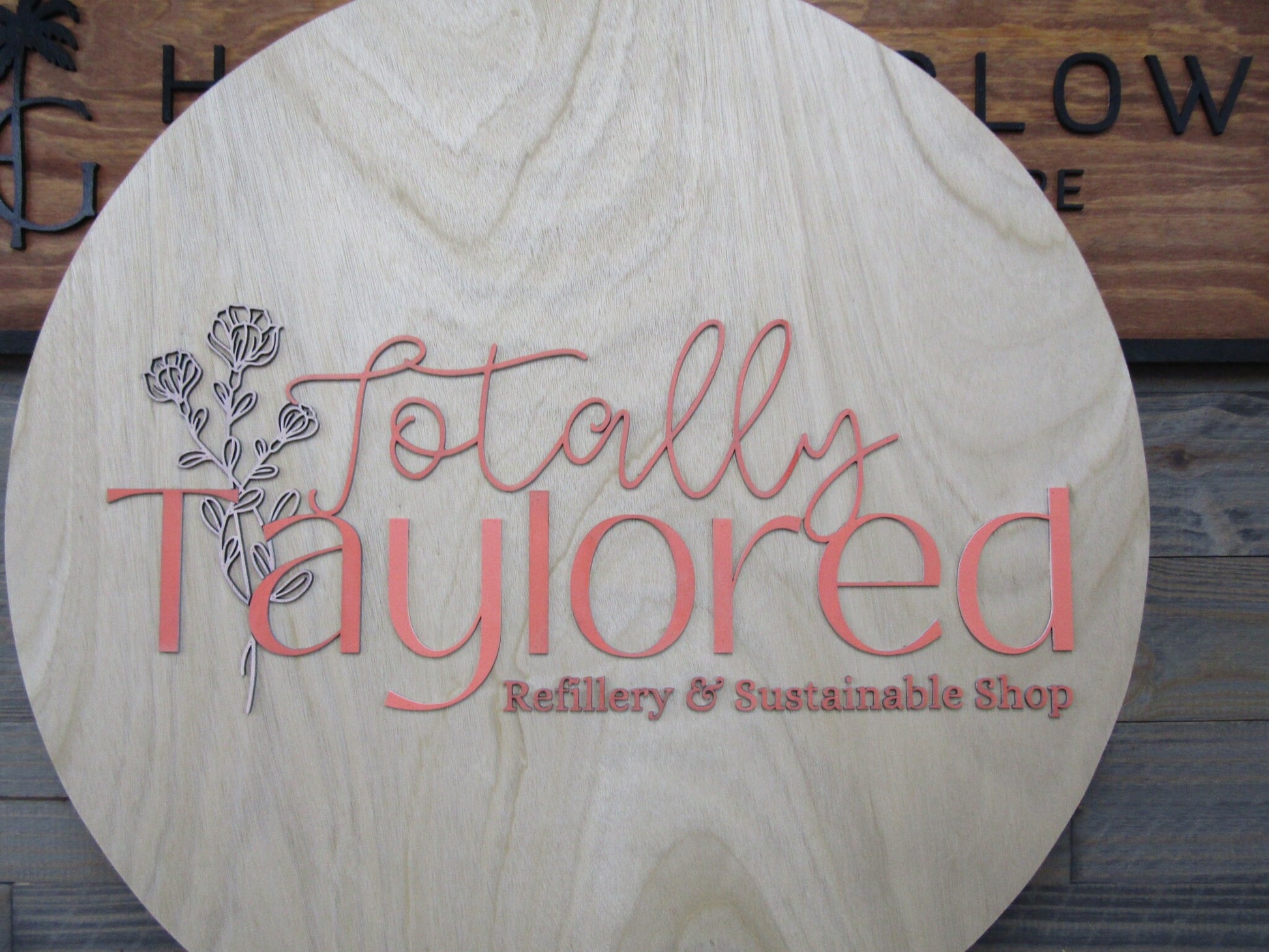 Personalized Refillery Thrift Store Wooden Sign Woodgrain Pink Floral Commerical Signage Natural Sustainable Raised Letters Logo Custom Sign