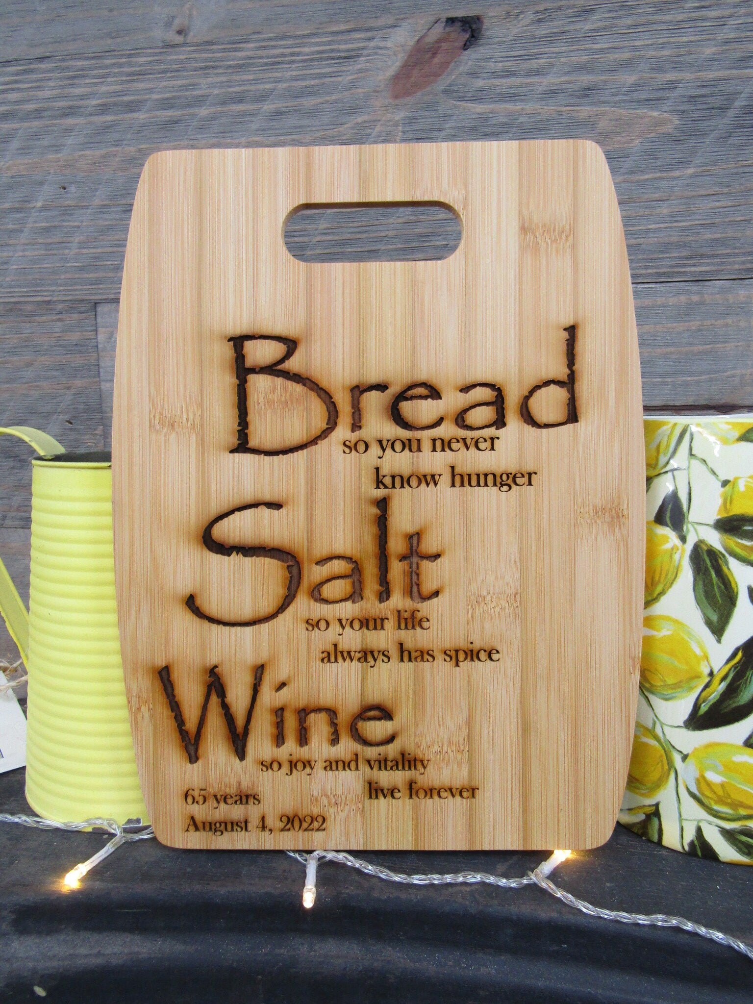Anniversary Gift Fifth Year 5th Year Traditional Custom Cutting Board Quote Bread Salt Wine Engraved Bamboo Personalized Names Wedding Date