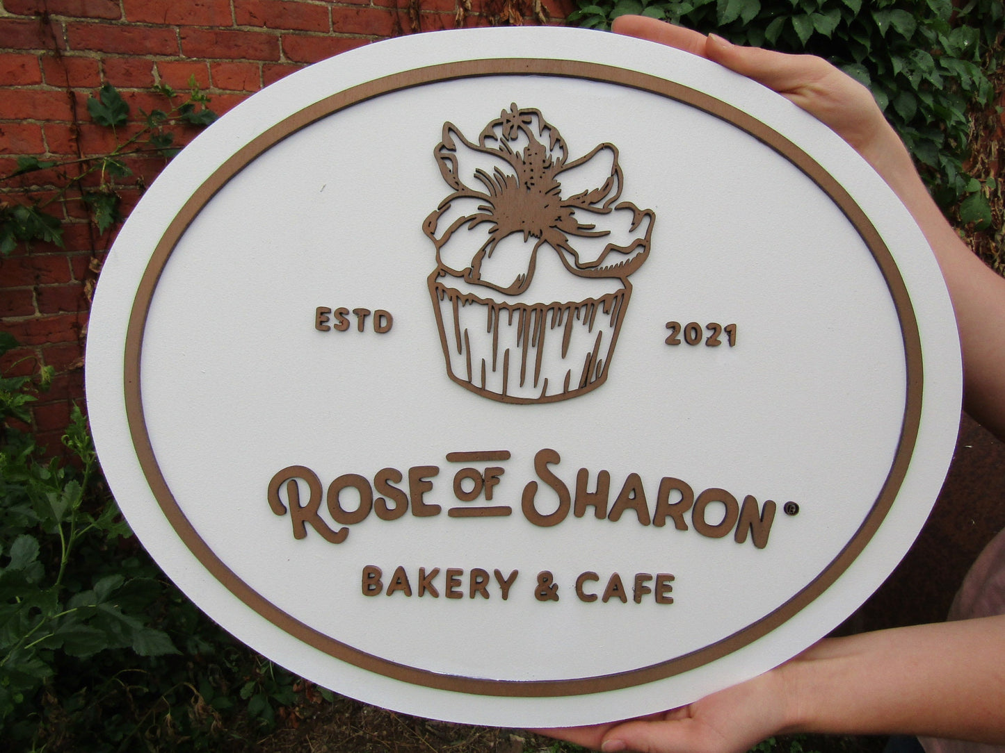 Custom Bakery And Cafe Sign Wooden Handmade Decor Cupcake Baker Rose of Sharon Your Logo Oval Commerical Signage Business Sign Restaurant