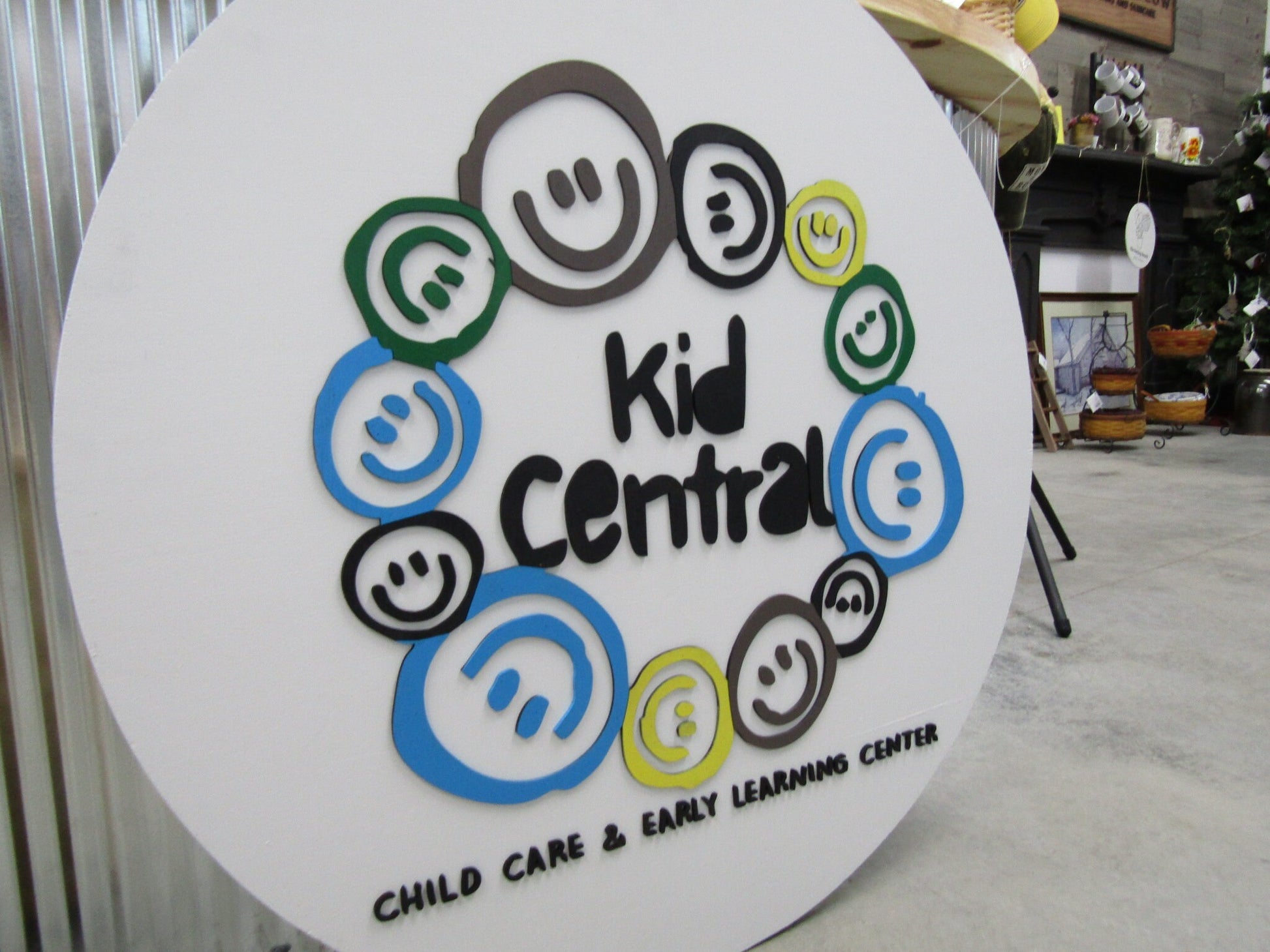 Custom Round Wood Sign Smiley Face Emoji Day Care Center Kid Learning Welcoming Happy Place Your Logo Smile Raised 3D Handmade Sign Learning