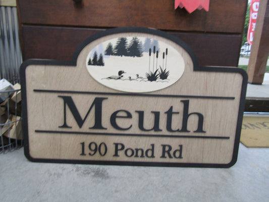 Custom Address Road Sign Private Drive Pond Duck Woodsy Pine Trees 3D Raised Contoured Shape Handmade Driveway Directional Wooden