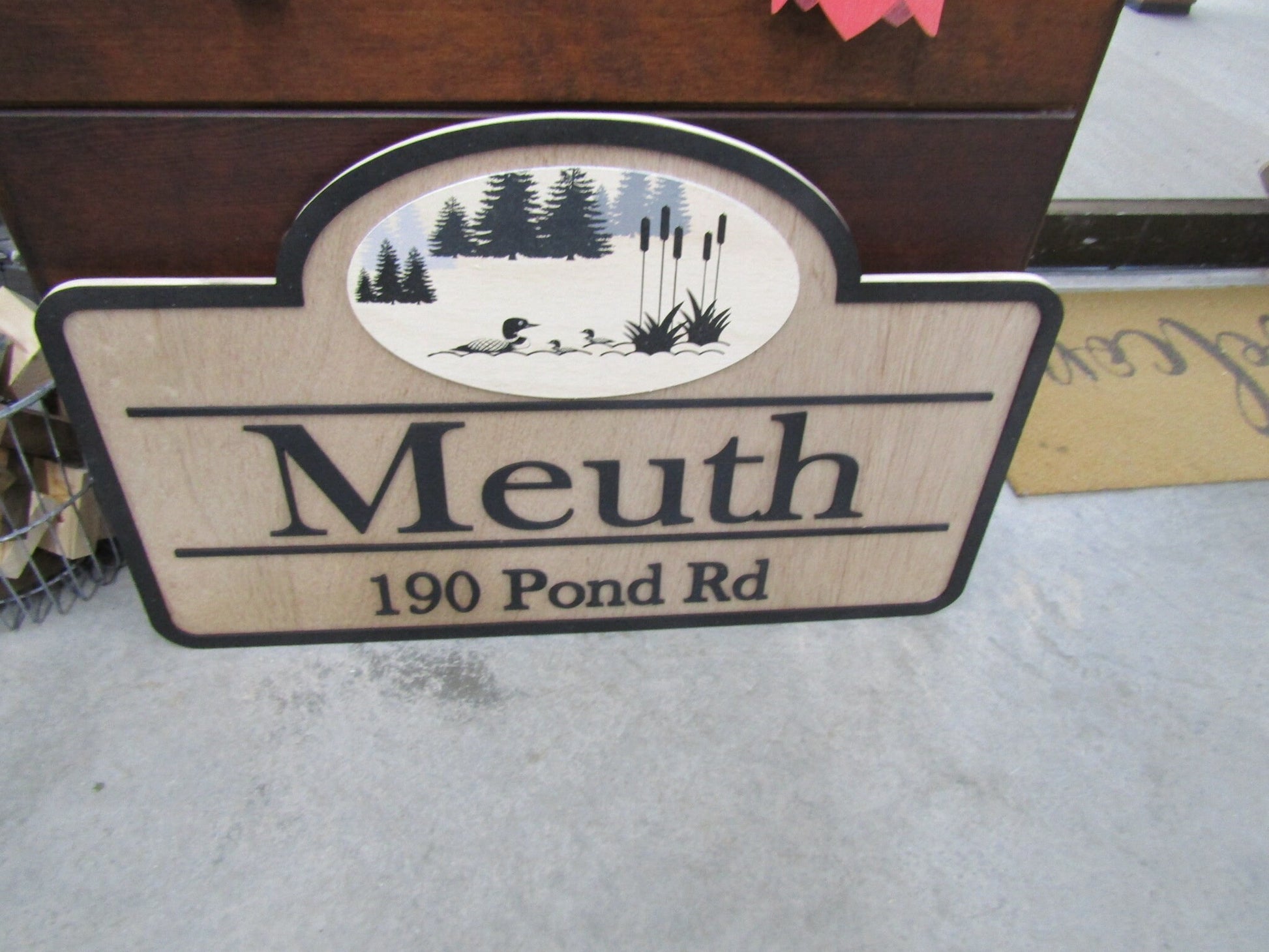 Custom Address Road Sign Private Drive Pond Duck Woodsy Pine Trees 3D Raised Contoured Shape Handmade Driveway Directional Wooden