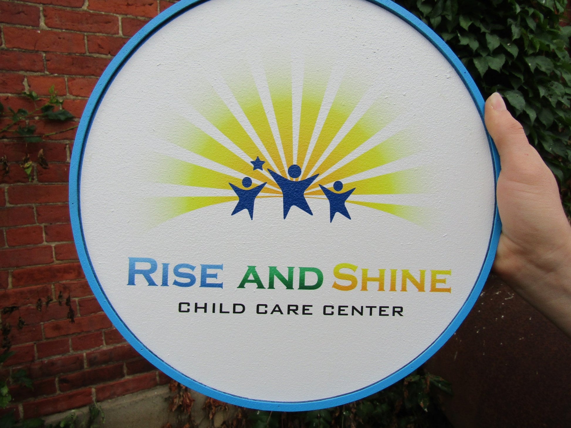 Child Care Round Custom Wood Sign Commerical Signage Day Care Printed Logo Raised Letters Personalized Stars and Sunshine Handmade Decor