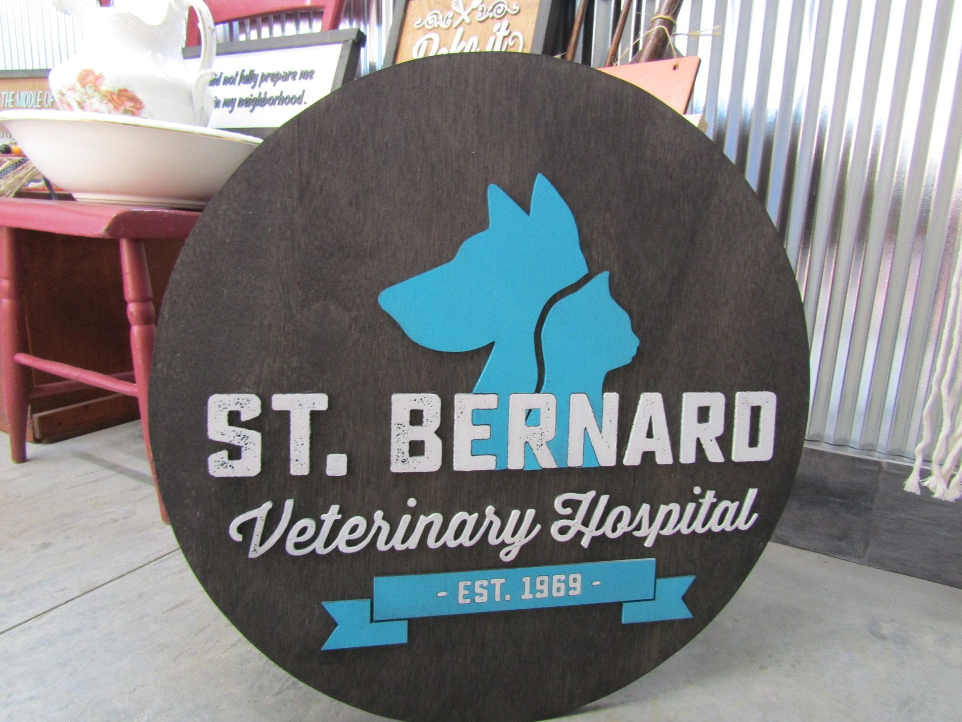 Custom Wooden Sign Round St Benard Veterinary Clinic Animal Hospital Vet Personalized Commerical Signage Raised Letters Your Logo Handmade