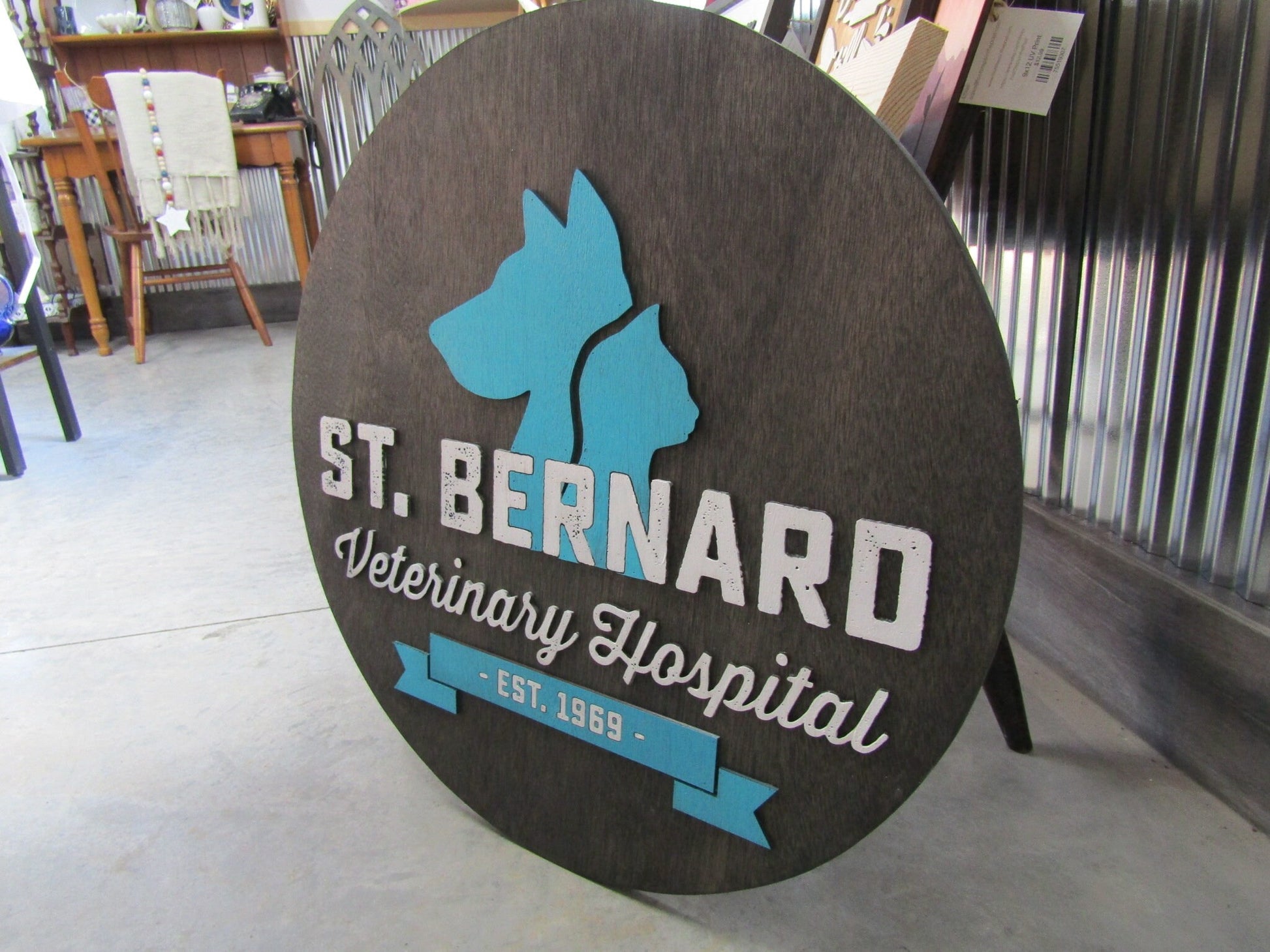 Custom Wooden Sign Round St Benard Veterinary Clinic Animal Hospital Vet Personalized Commerical Signage Raised Letters Your Logo Handmade