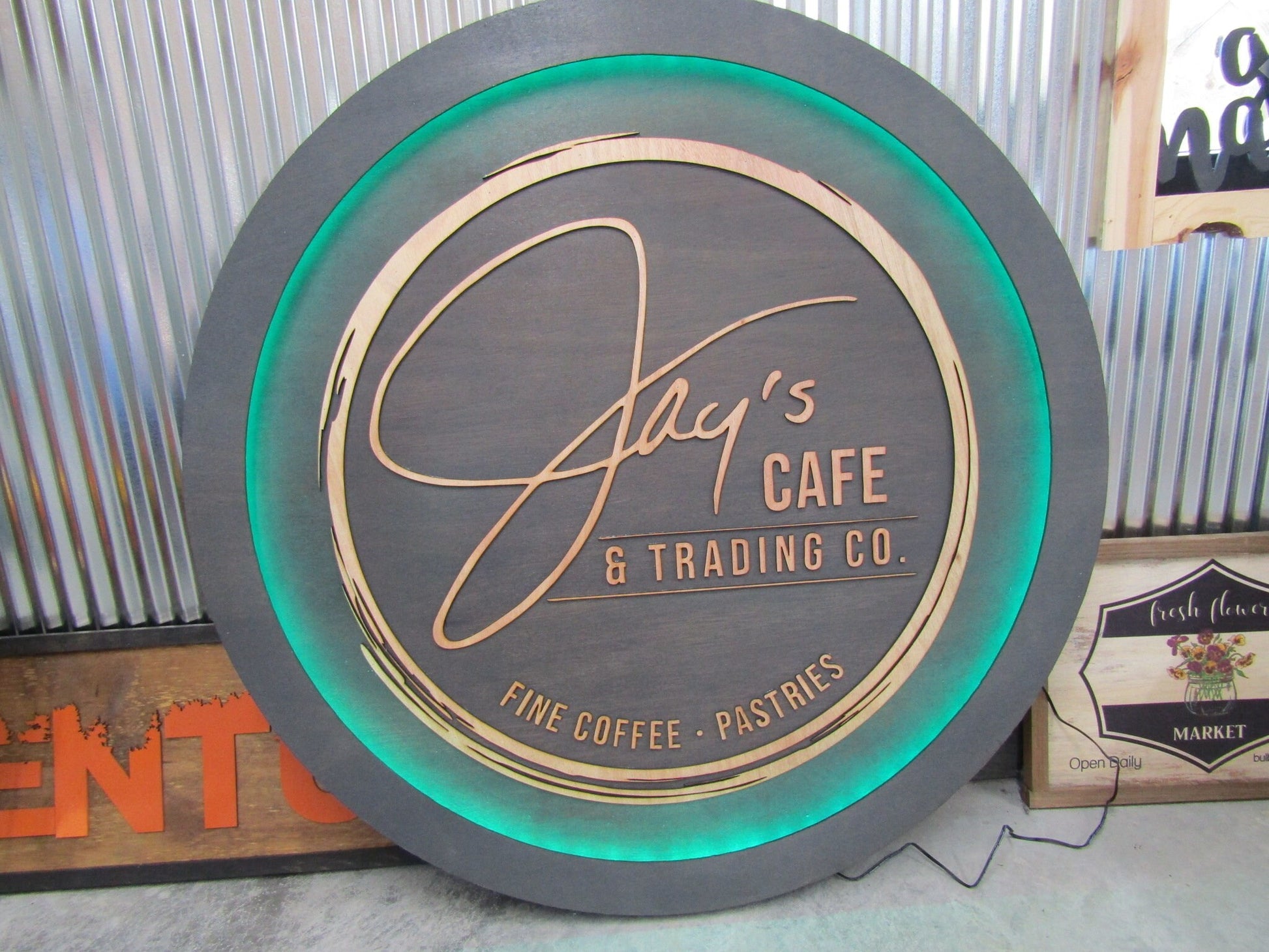 Custom Wooden Cafe Sign Your Logo Commerical Signage Business Store Front Coffee Shop LED Color Changing Remote Handmade Hanging Sign