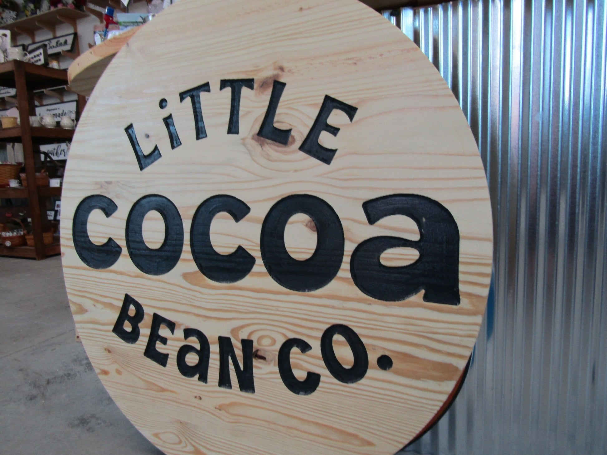 Custom Wood Carved Engraved Color Filled Business Commerical Signage Cocoa Bean Chocolate Sweets Your Logo Pine Wood Store Front Round Sign