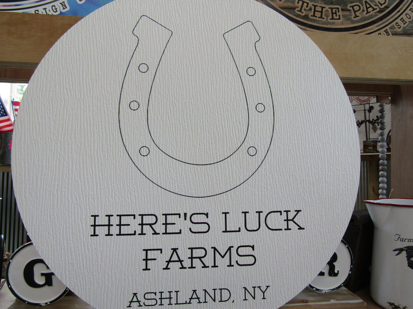 Custom Weatherproof PVC Sign Horseshoe Luck Farms Textured Personalized Circle Round Ready for your Business Logo Wall Hanging Or Mounted