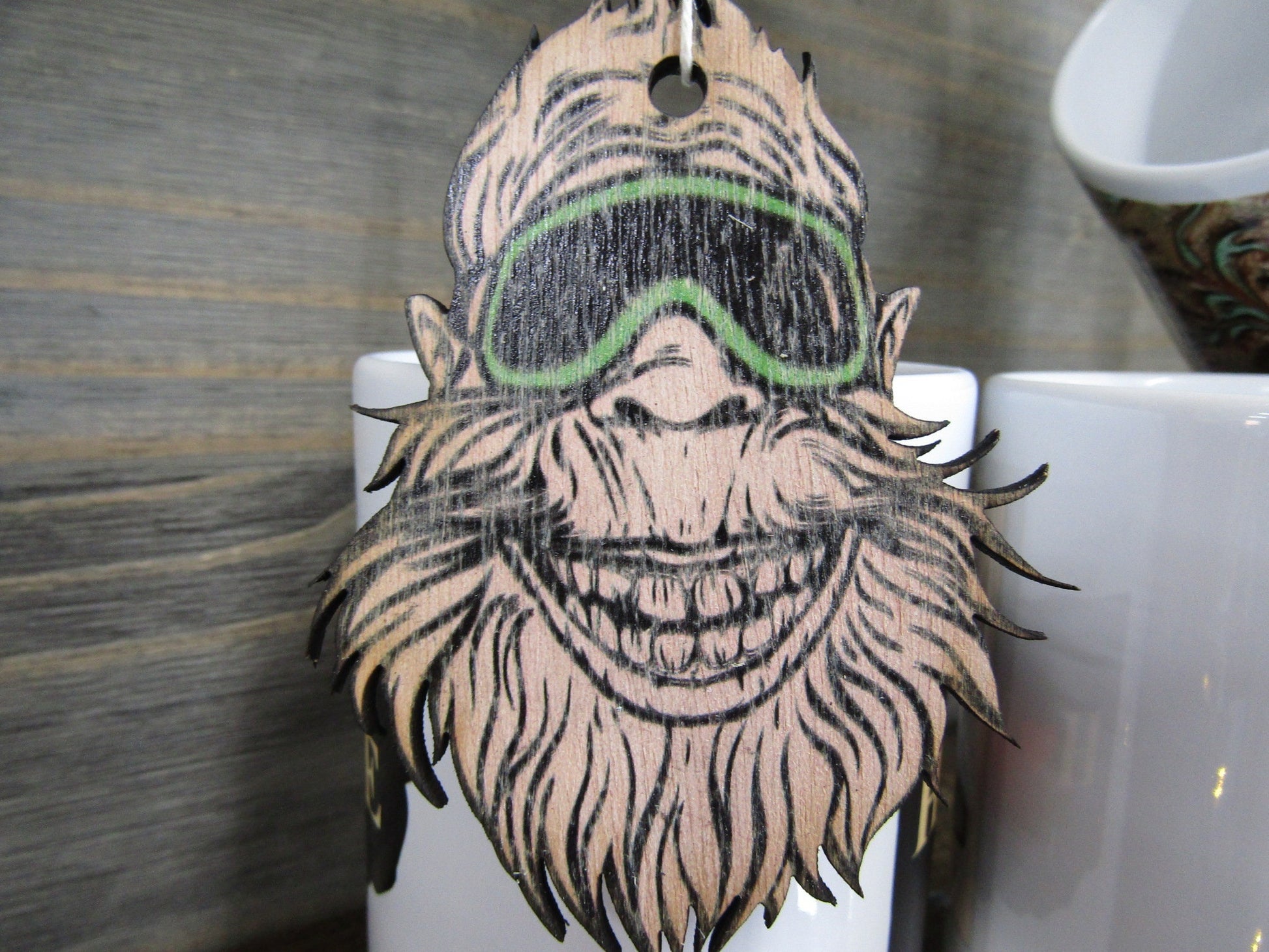 Bigfoot Cool Guy Sunglasses Smiling Sasquatch Goofy Ornament Car Mirror Charm Printed On Wood Set of 6 Bulk Gag Gift Myth Believe In Tale