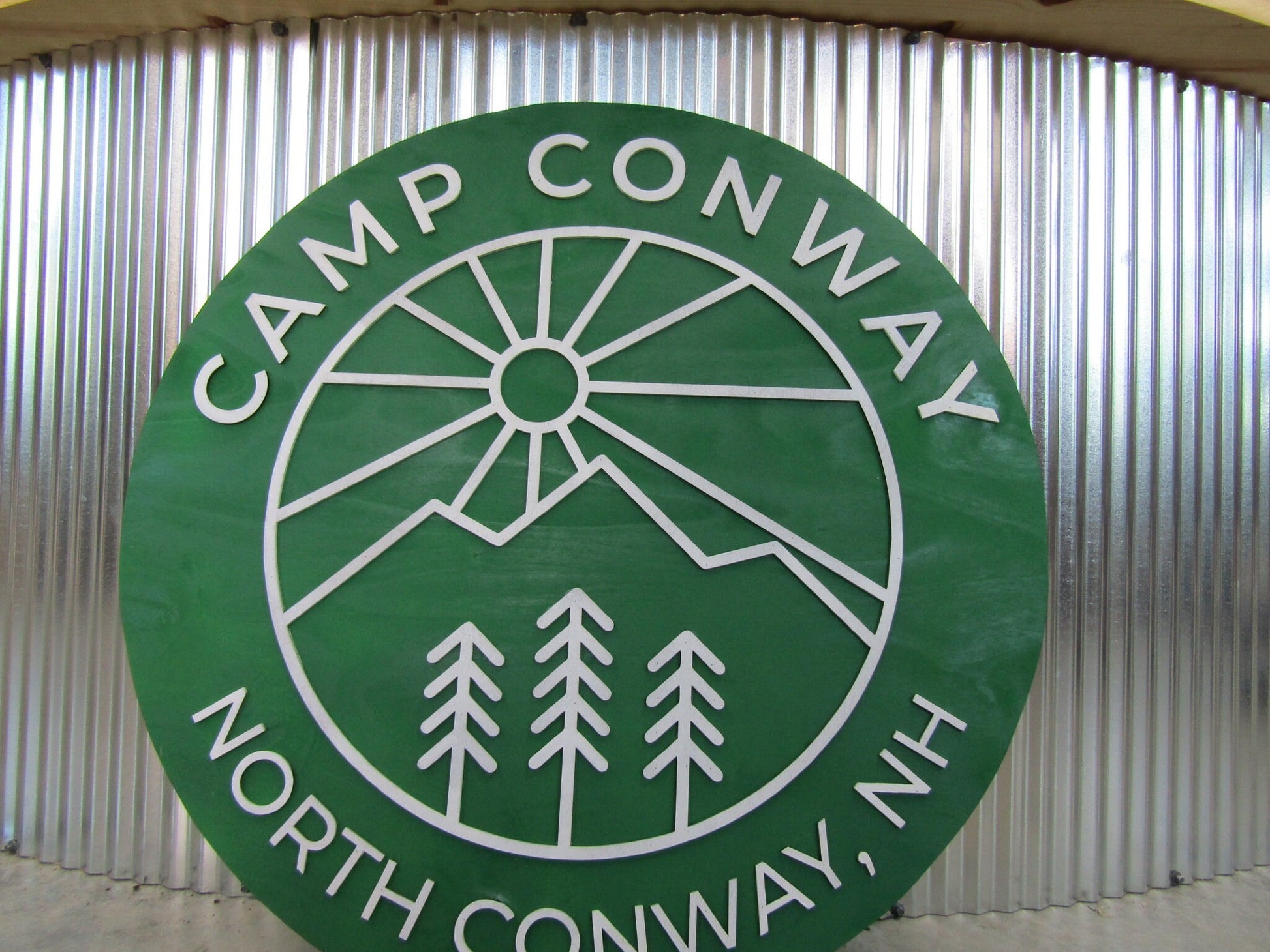 Custom Wooden Sign Camp Campground Your Logo And Image In Color Green Minimalist Style Mountains Fresh Air Round Hanging Sign Outdoors Land