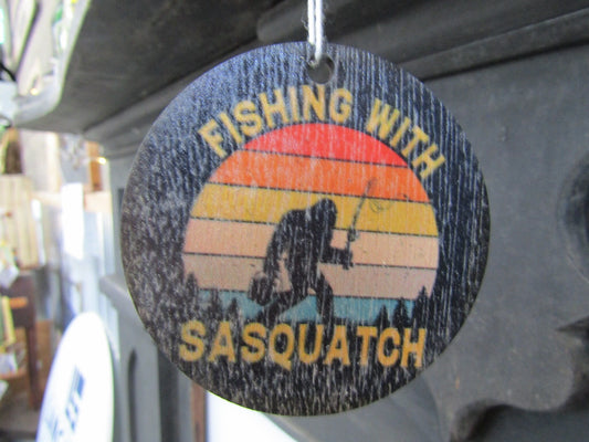 Bigfoot Fishing Sasquatch Goofy Ornament Car Mirror Charm Printed On Wood Set of 6 Bulk Gag Gift Myth Believe In Tale Grassman Retro Color