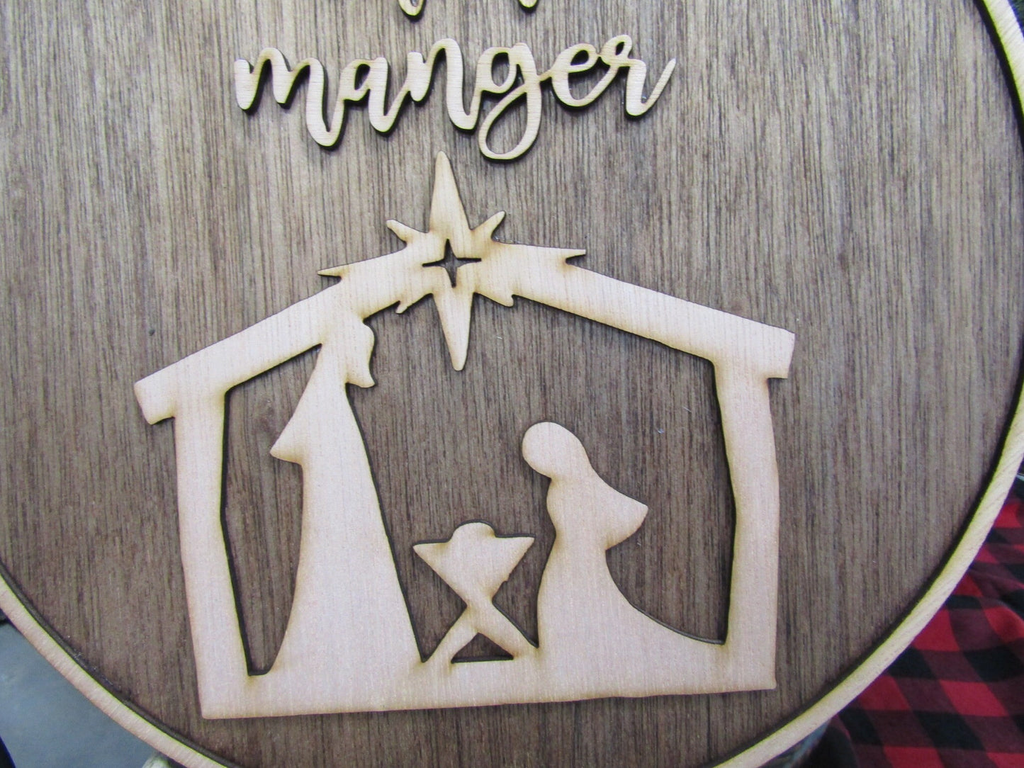 Christmas Away In A Manger Jesus Birth of Christ Faith Winter Decor Wooden Natural Gift Round Holiday Handmade Wall Hanging Sign 3D