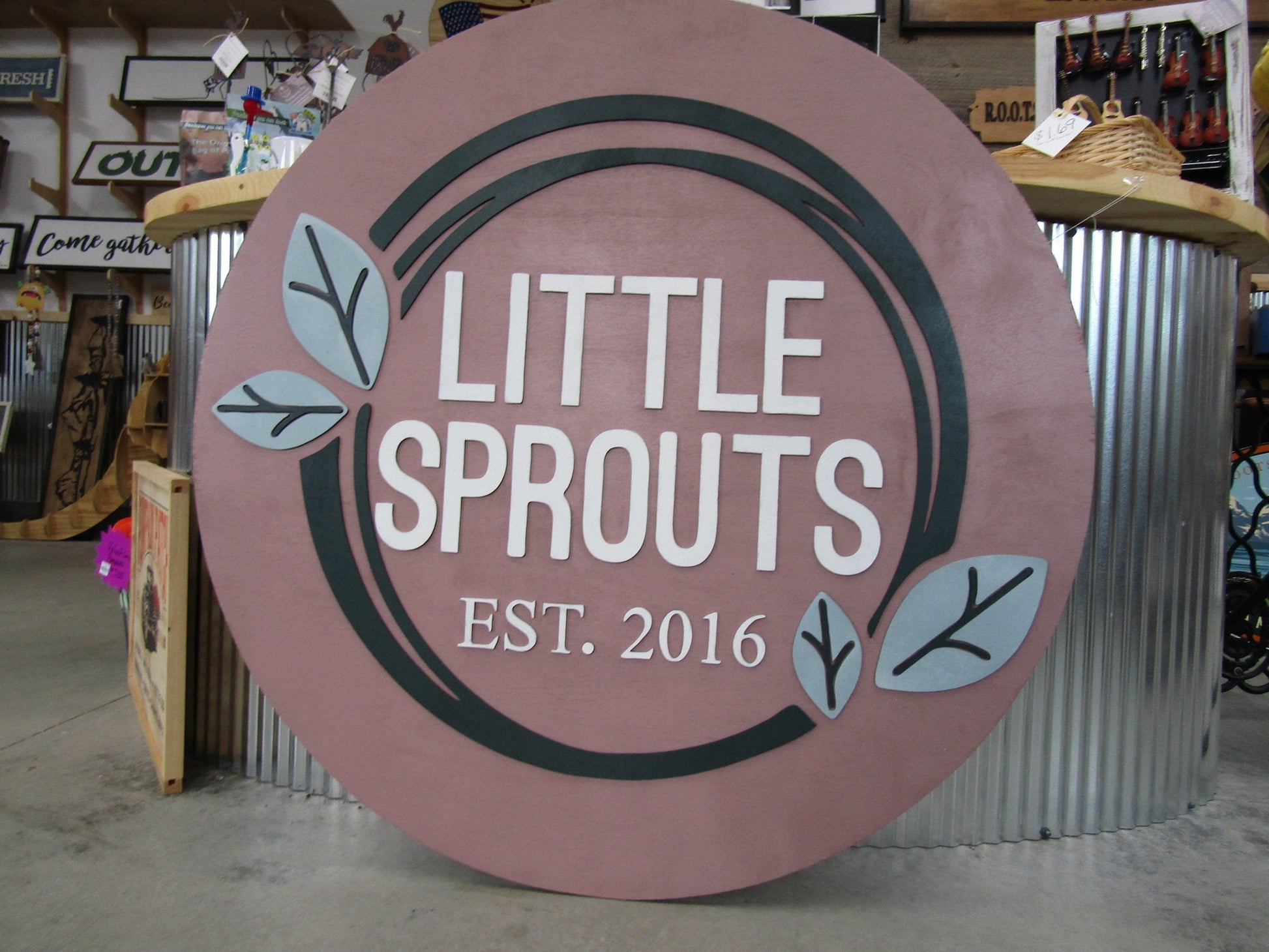 Custom Wooden Sign Sprouts Plants Leaves Grow Childcare Nursery Little Round Business Commerical Signage Made to Order Logo Circle Handmade