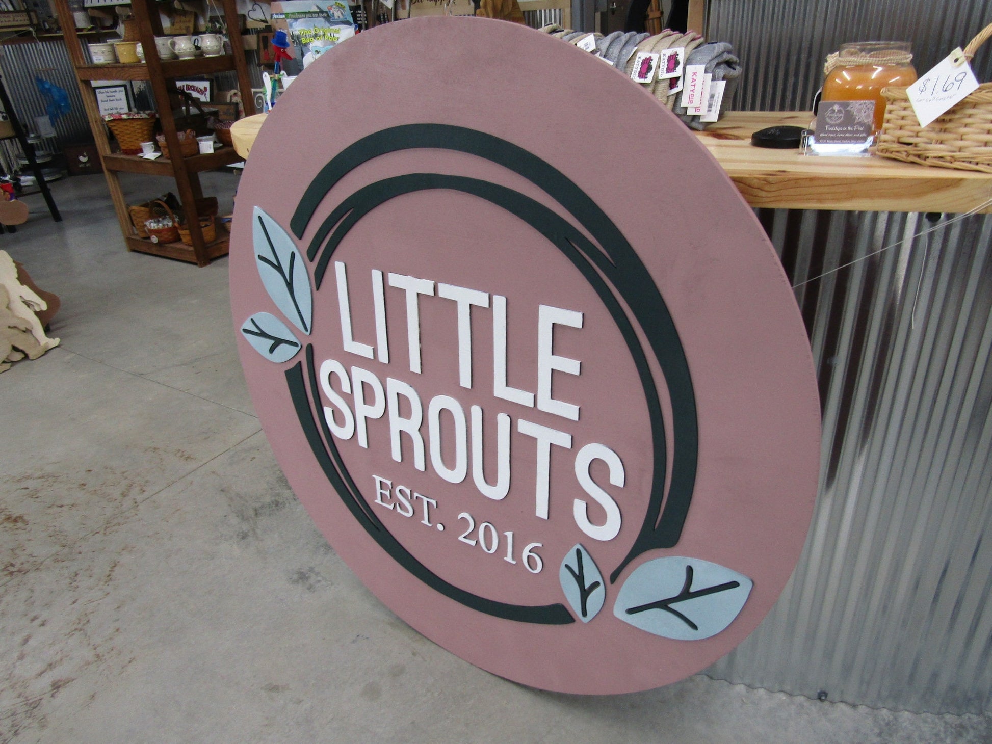 Custom Wooden Sign Sprouts Plants Leaves Grow Childcare Nursery Little Round Business Commerical Signage Made to Order Logo Circle Handmade