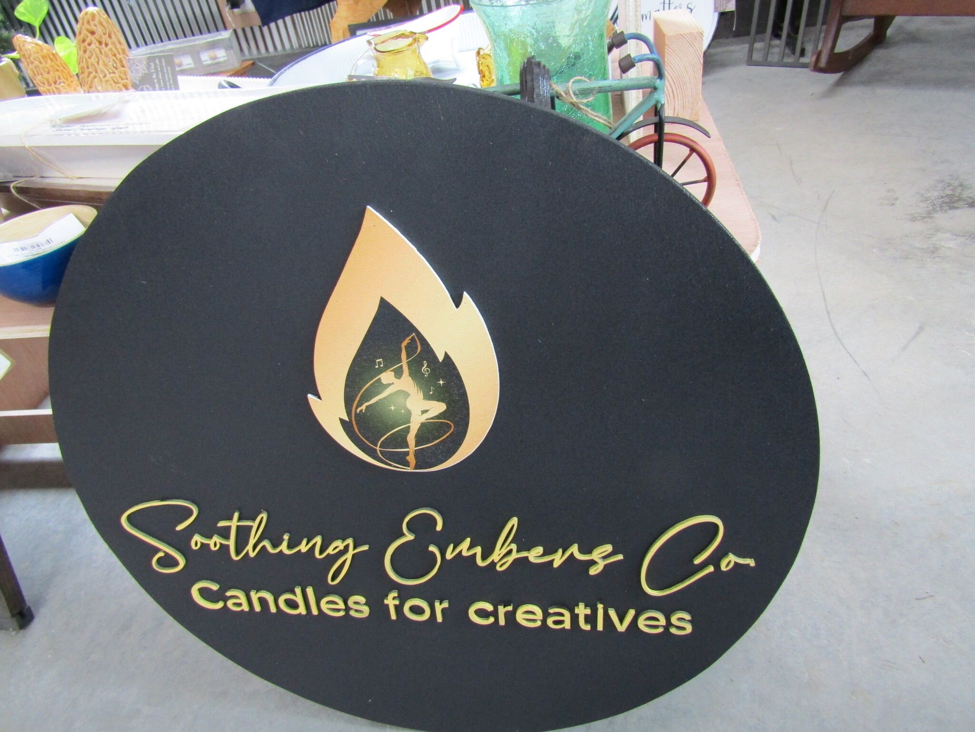 Custom Sign Candle Shop and Co Signage Creatives Soothing Flame Black and Yellow Personalized Sign Round Circle Embers Uv And Raised image